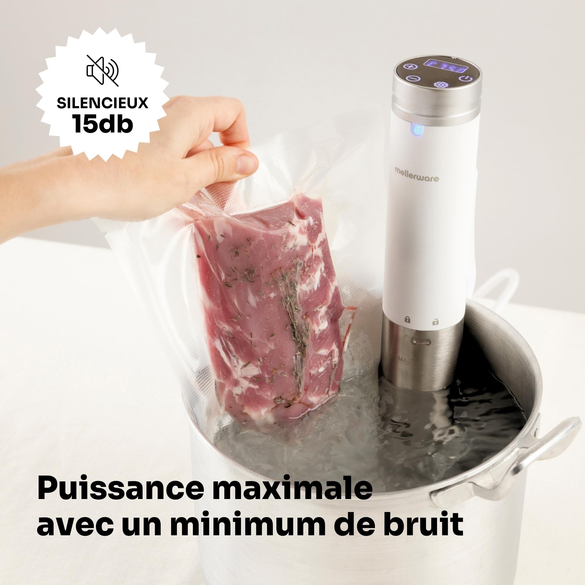 Mellerware Sous vide Roner de cuisine à basse température, machine de cuisson sous vide de 1000 W, résistance à l'eau IPX7, contrôle de température et minuterie – écran tactile (White)
