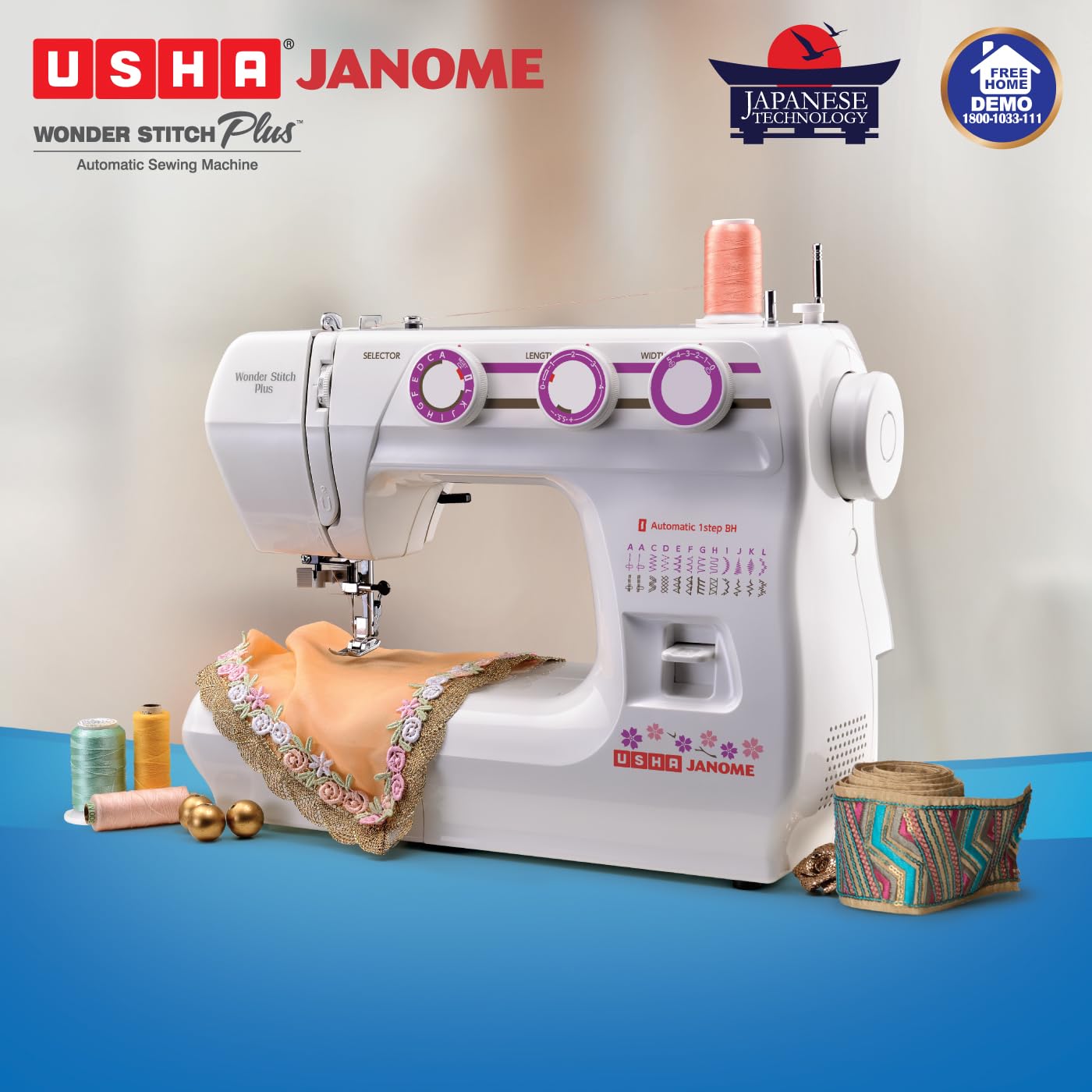Usha Wonder Stitch Plus Automatic Sewing Machine – 23 Built-in Stitches, One-Step Buttonhole, Automatic Needle Threader, Free Arm, Hard Cover, 860 SPM – White — Amazon image 2
