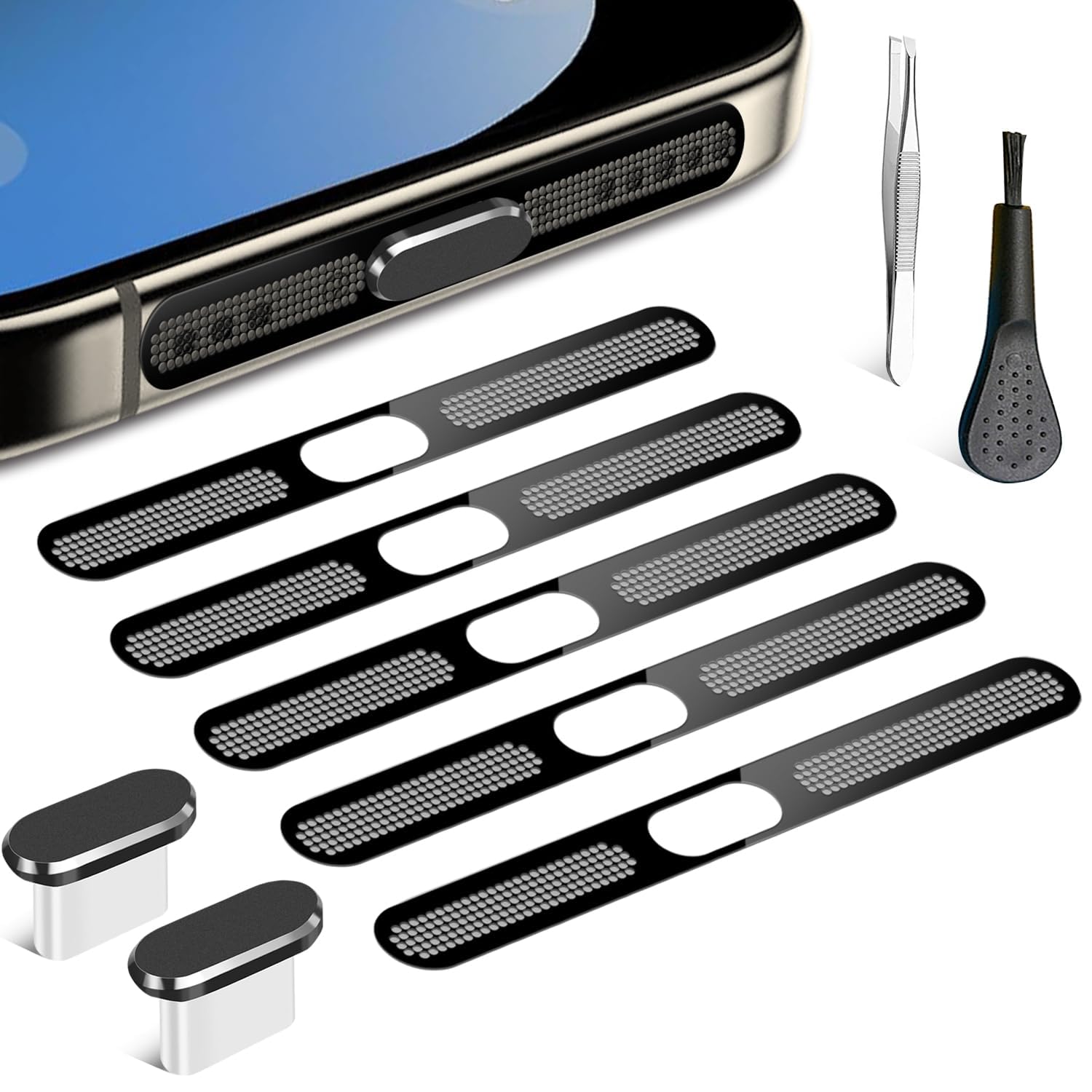 Kit Protection Anti-poussière Pour IPhone 15/16 Pro - 15 Bouchons USB-C + 3 Grilles Haut-parleur - Silicone Et Maille