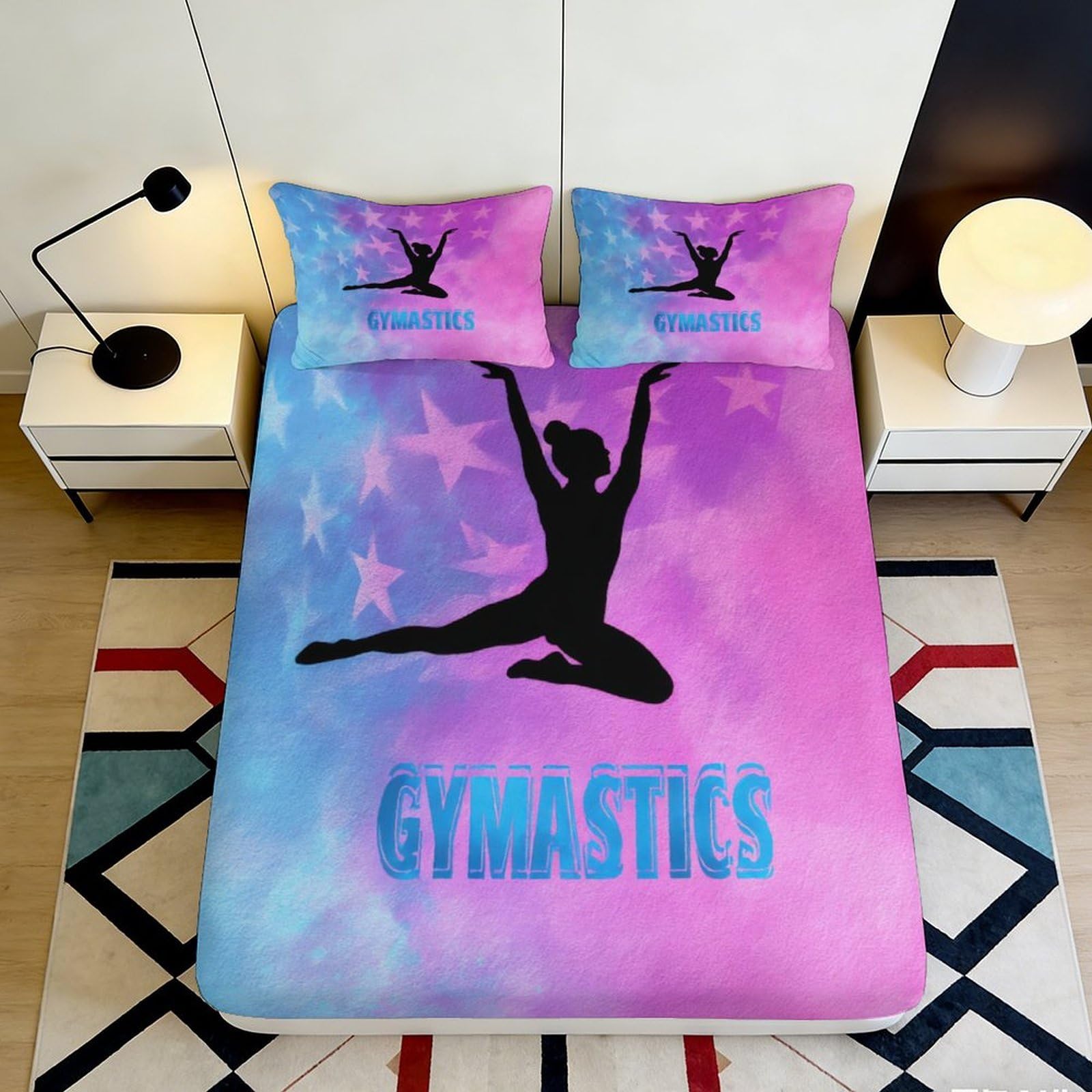 3D Printed Gymnastics Fitted Sheet Microfiber Non-Slip Deep Pocket Bedroom Bedding Gymnastics Mattress Fitted Cover for Adults Teens 180x200x25cm