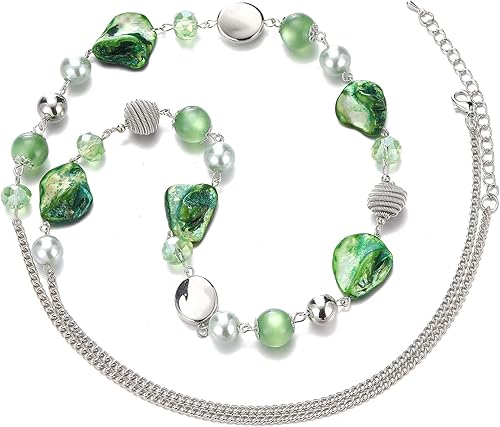 Miniatura 2 de FULU AUTUMN Collares largos de cuentas para mujer, collar de cadena de eslabones plateados con cuentas de cristal de concha, regalos de fiesta para