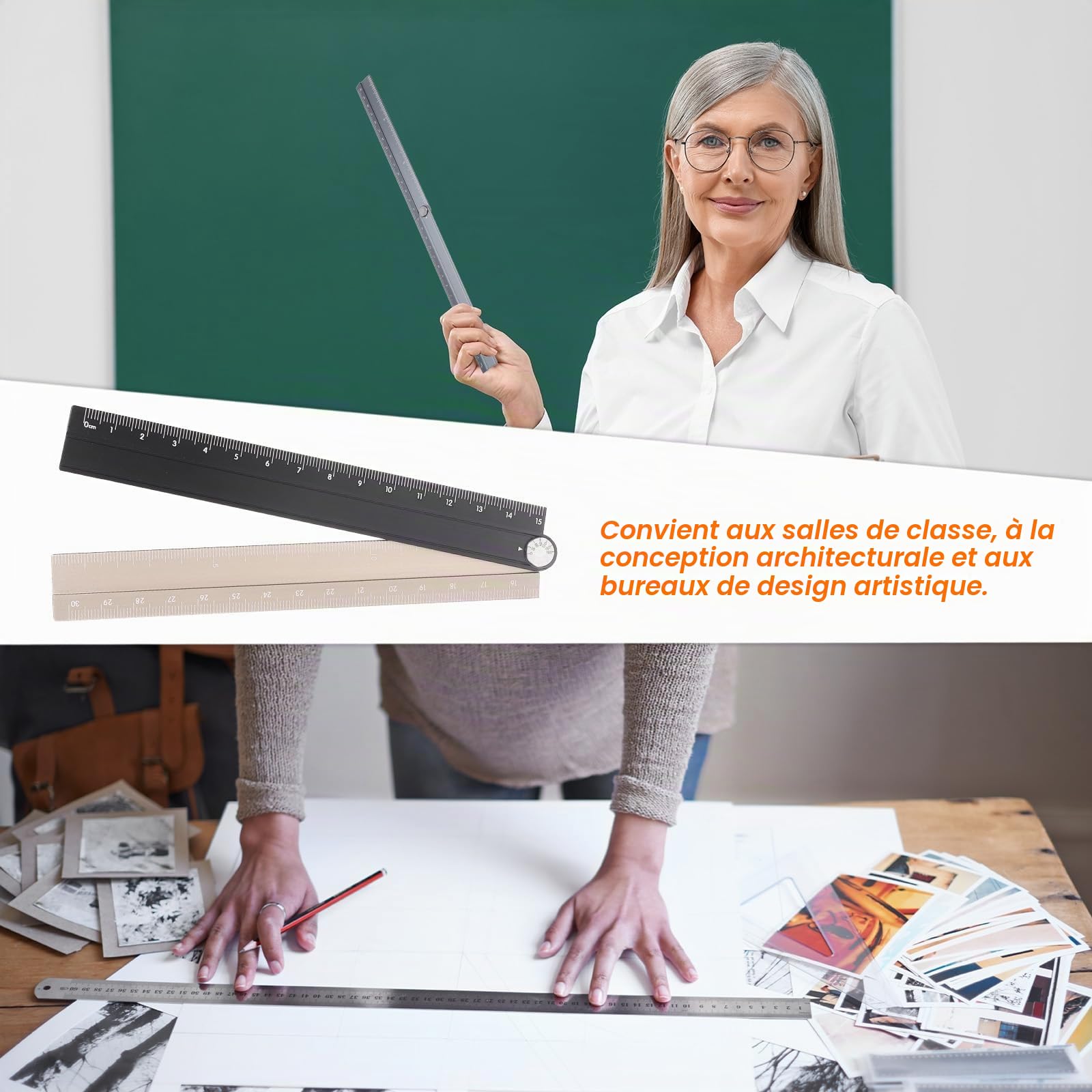 QUARKZMAN Règle Droite Pliante 30cm Métrique Alliage d'Aluminium Rapporteur Règle d'Angle Pliable Outil de Mesure Géométrique avec Ligne d'Angle, Ton Noir Or
