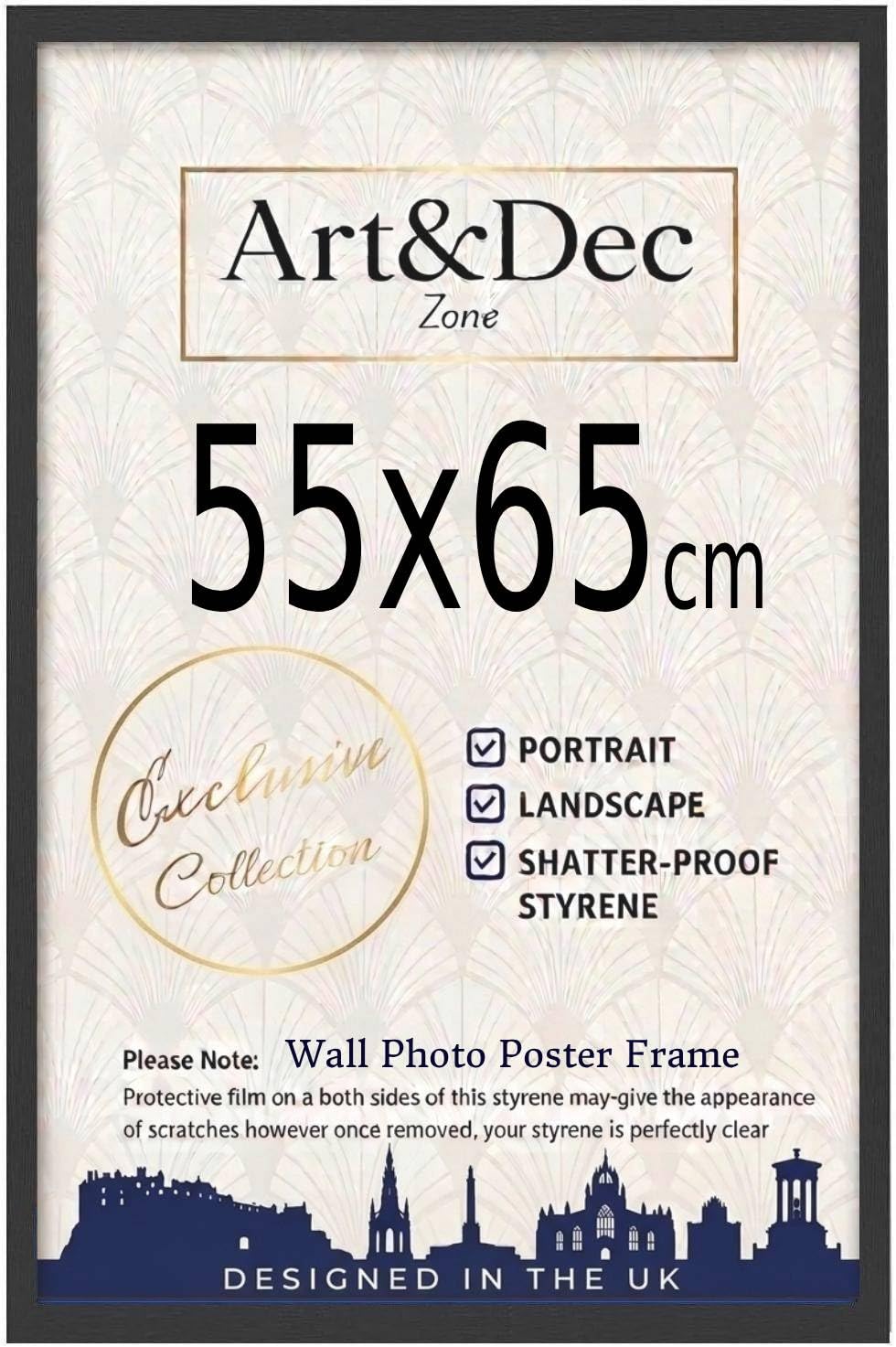 Art & Dec Zone® Sleek Black MDF Picture Frame 55x65 cm Durable MDF Poster Frame with Clear Acrylic Protection – Wall Display for Photos, Artwork & Prints