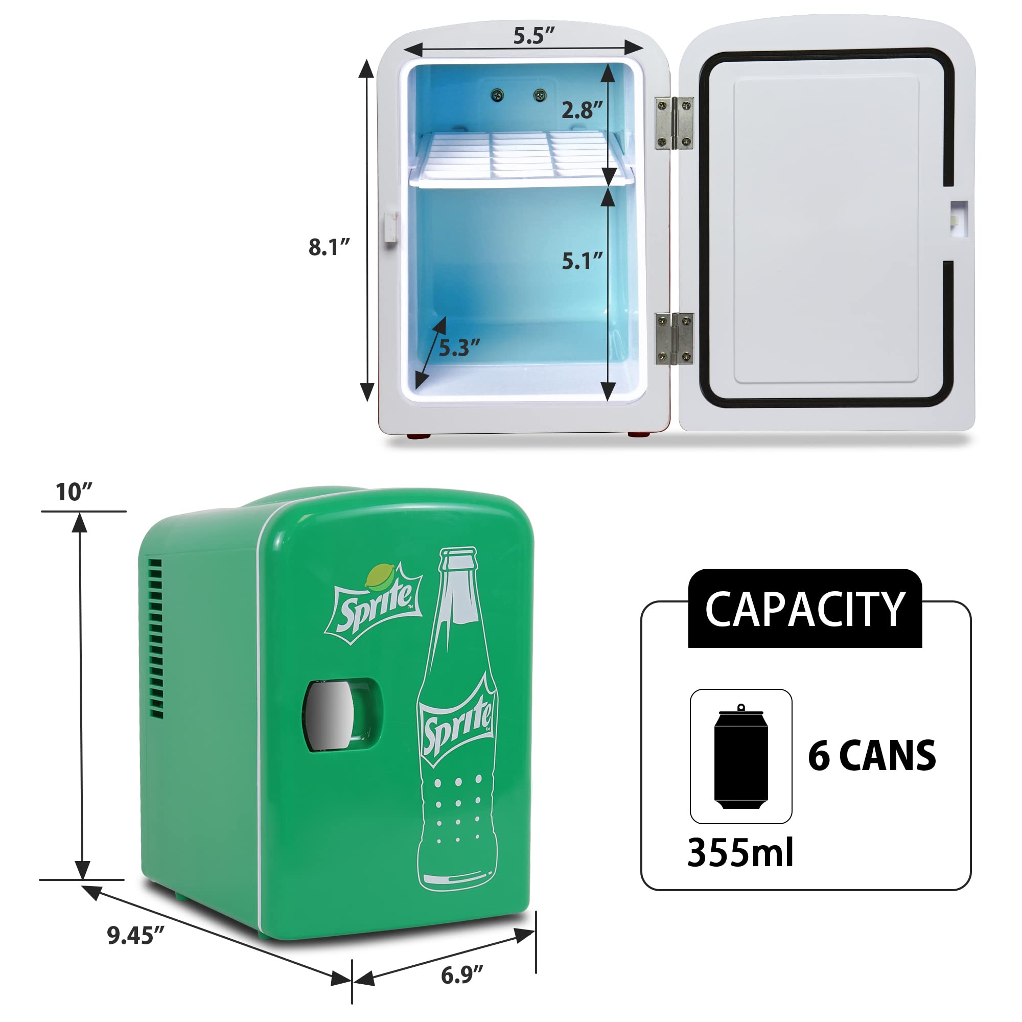 Sprite Mini Fridge - 4 Liter / 6 Can Latas Refrigerator for Bedroom Cosmetics Office Portable Table Top Beverage Cooler 12V 110V Refrigerador Nevera for Drinks Soda Wine Car Dorm Outdoor Patio-Green