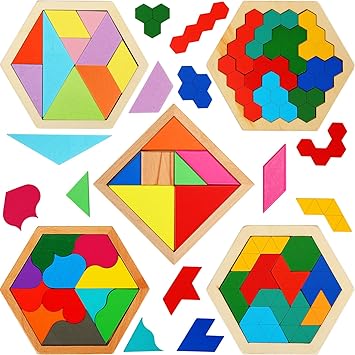 Jerify 5 Pack Wooden Tangram Puzzle for Kids Wooden Hexagon Puzzle Block Teaser Geometric Shapes Tangram Games for Boys Girls Toddler 1-3 Jigsaw 3D Logic IQ Game Gift