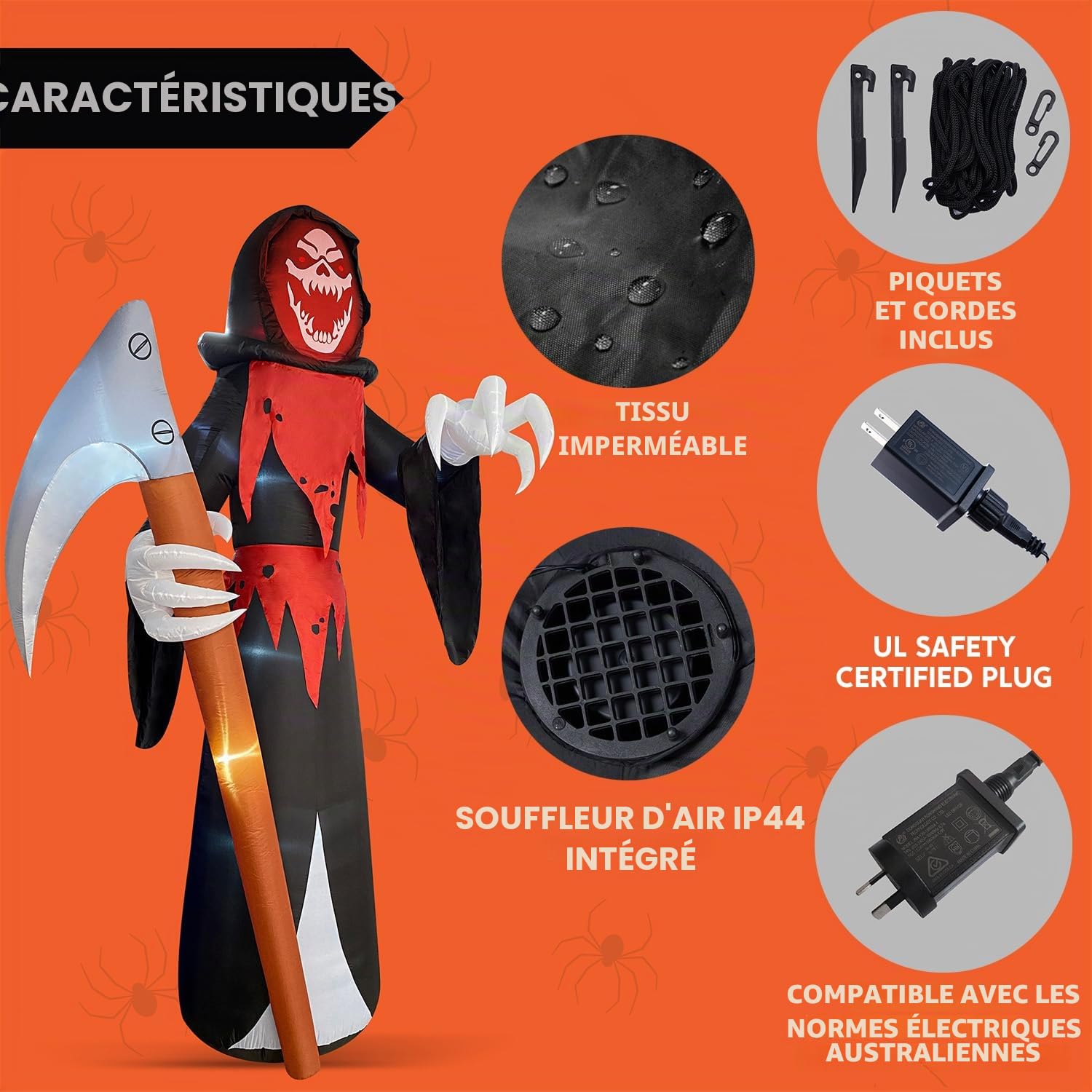 Joiedomi Faucheuse gonflable géante de 3,6 m de haut pour Halloween avec faux - Recheuse gonflable avec LED intégrées pour décorations d'extérieur d'Halloween, cour, pelouse, jardin, fête de vacances
