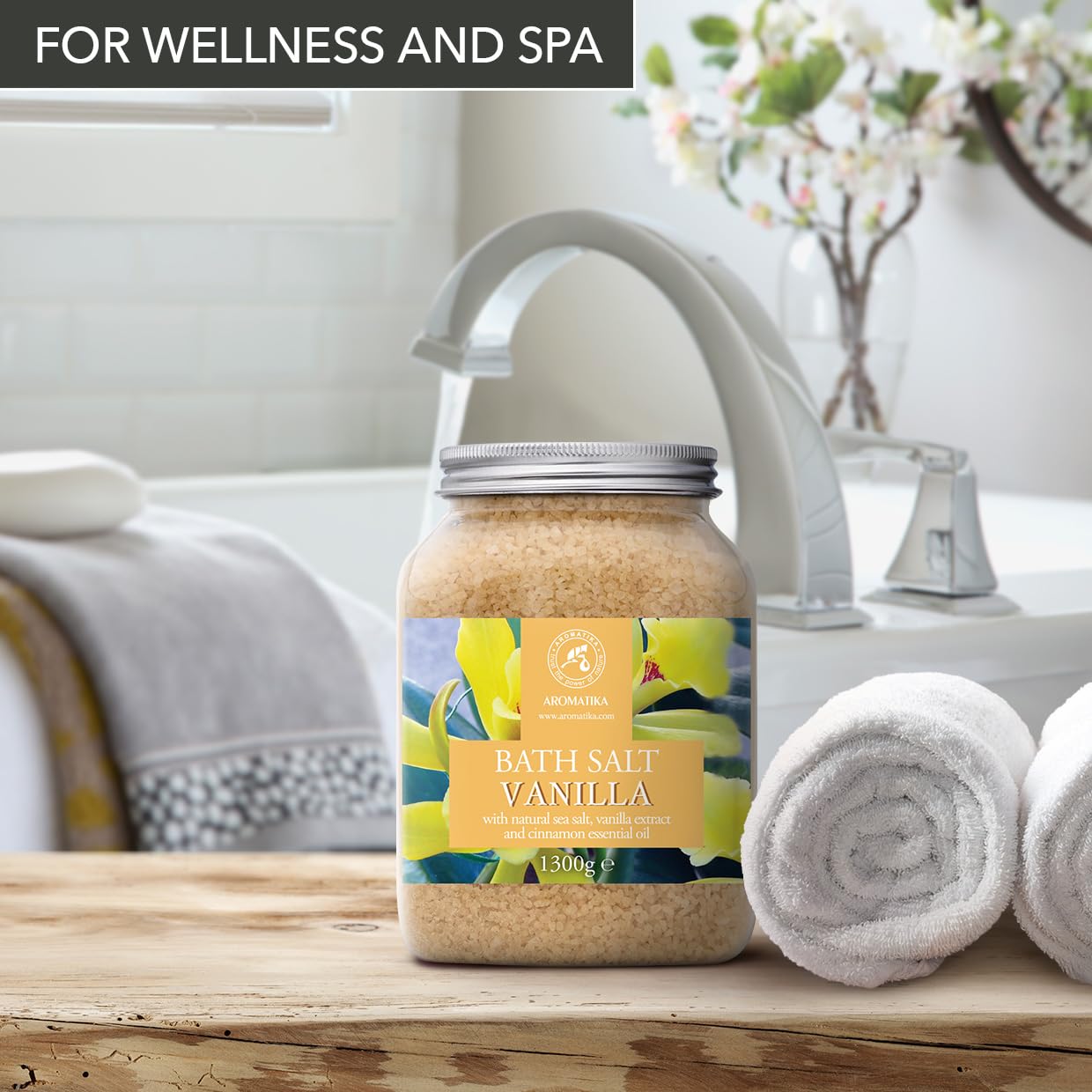 Sal de Baño Vainilla 1300g - Sales de Baño Marinas con Extracto de Vainilla y Aceite Esencial de Canela - Relajación - Belleza - Baños - Cuidado Corporal