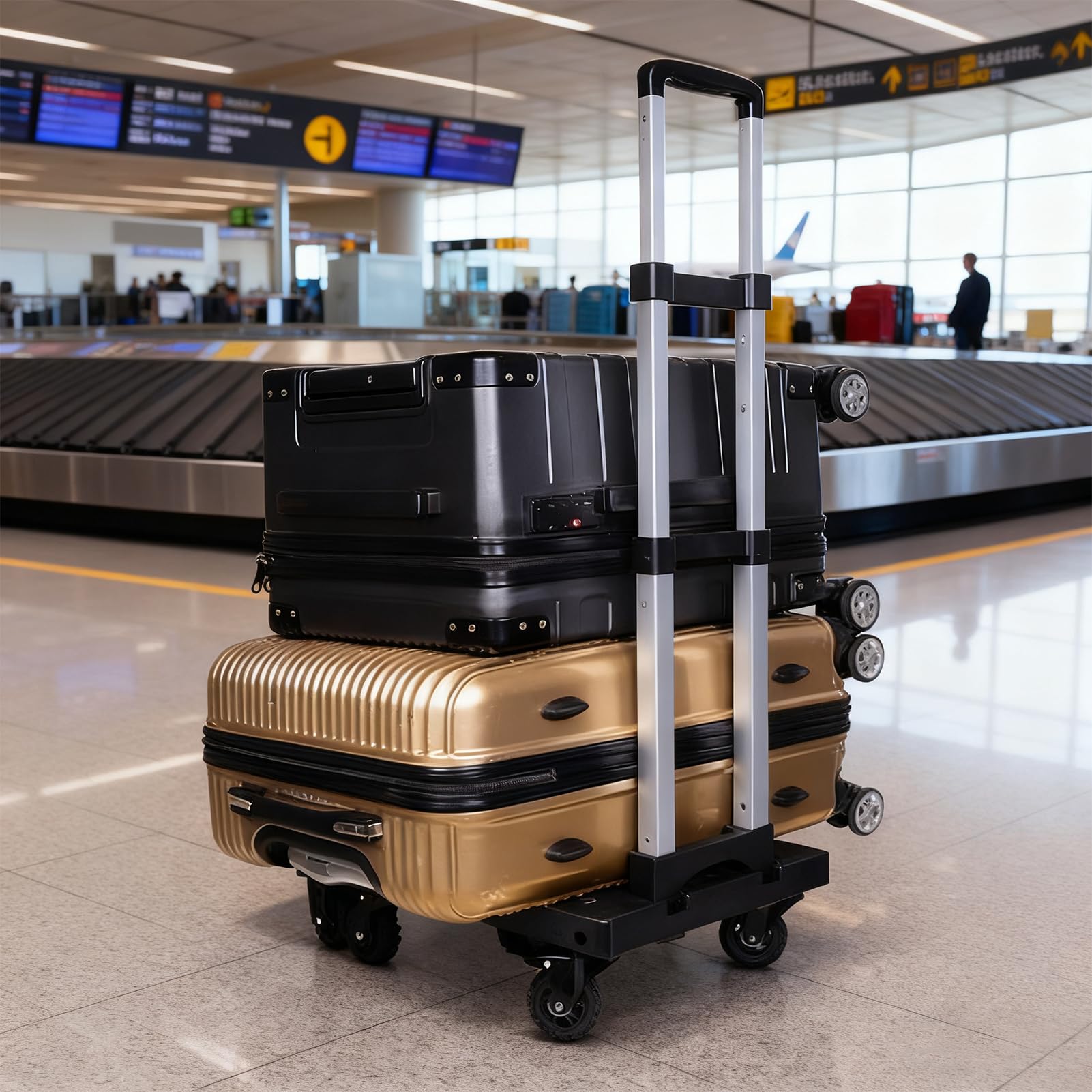 Carretilla De Carga con 7 Ruedas, Carro De Mano Plegable De Aluminio y 360° con Frenos - Transpaleta Manual Compacta Y Chasis Ajustable para Uso Industrial, Almacenes Y Logística (A-Negro)