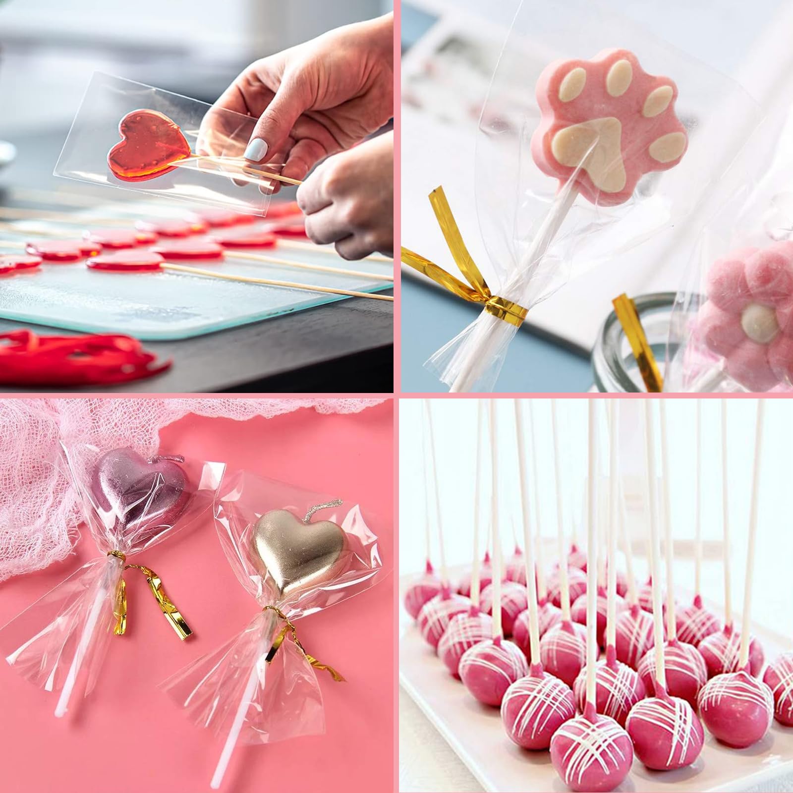 Set de Bâtonnets à Cake Pop 300 Pièces - 10cm Bâton Sucette, Sacs à Colis, Liens Torsadés