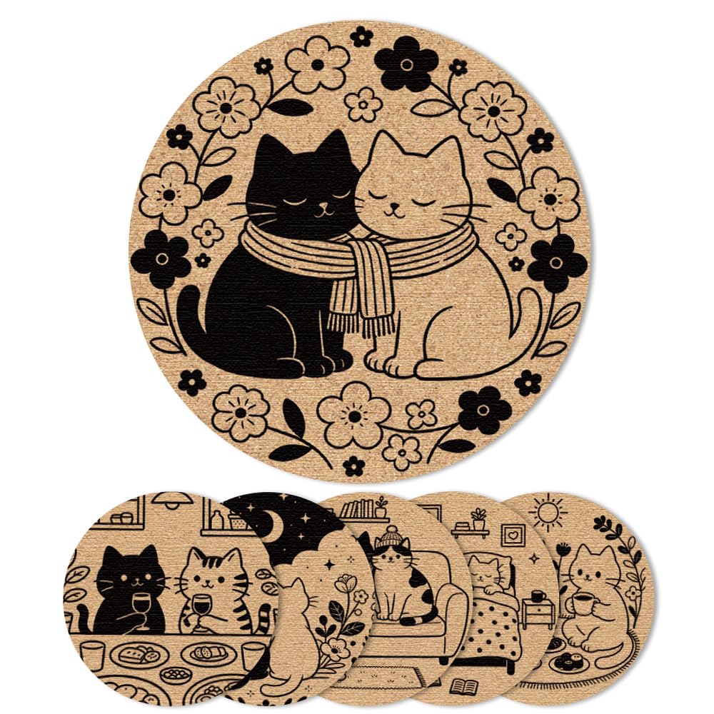 ANATTASOUL Funny Cats Absorbent Recycled Rubber Coasters Set of 6 for Drink