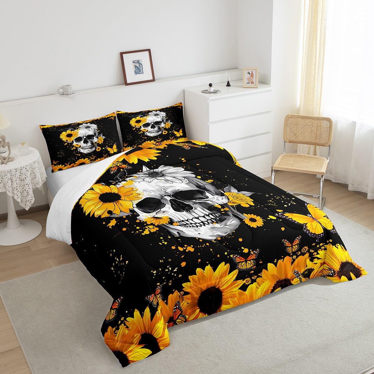 Feelyou Sunfloral Skull Bedding Set Sunflower Butterfly Skull Comforter Set Gothic Skull Comforter for Boys Girls Skeleton Duvet Set Twin Size with 1 Pillow Case Boys