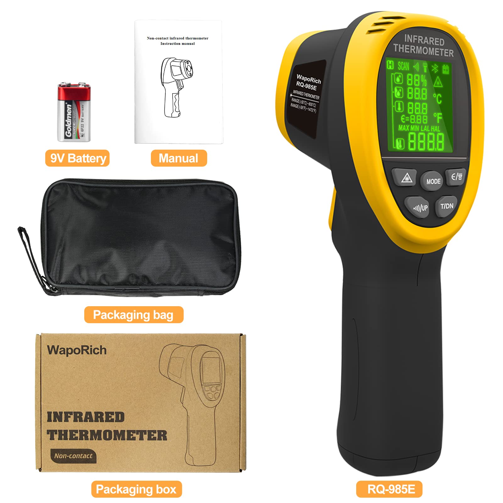 Thermomètre Infrarouge -50℃ à 800℃ à Double Laser Pyromètre 4 en 1 avec Humidité, Température Ambiante, Point de Rosée, Écran Couleur & Alarme 【Non adapté aux personnes】