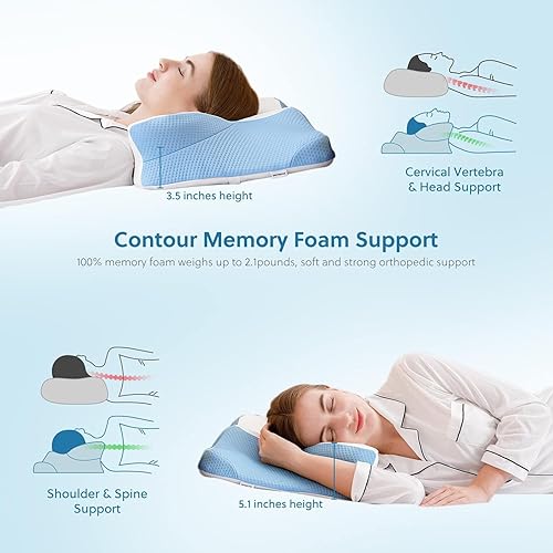 Miniatura 3 de HOMFINE Almohada cervical de espuma viscoelástica + funda de almohada, tamaño pequeño, color azul