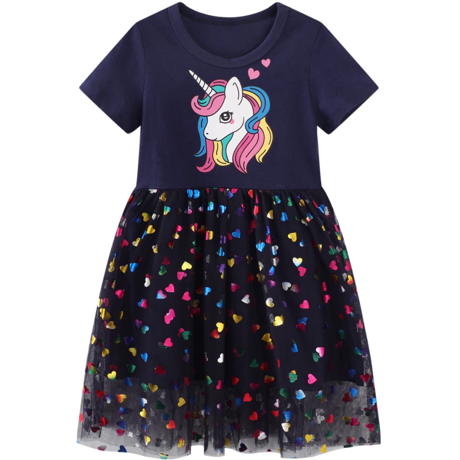 Vestido Niña Unicornio Algodón Lentejuelas Tul Cuello Redondo Vestidos Princesa Fiesta Verano Talla 2-7 Años