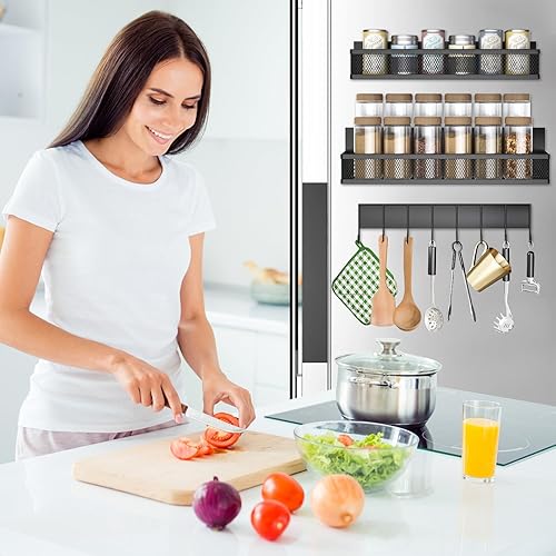Miniatura 7 de Doitsf Estante magnético para especias para refrigerador con estante de 8 ganchos, paquete de 3, estante de refrigerador a prueba de óxido para