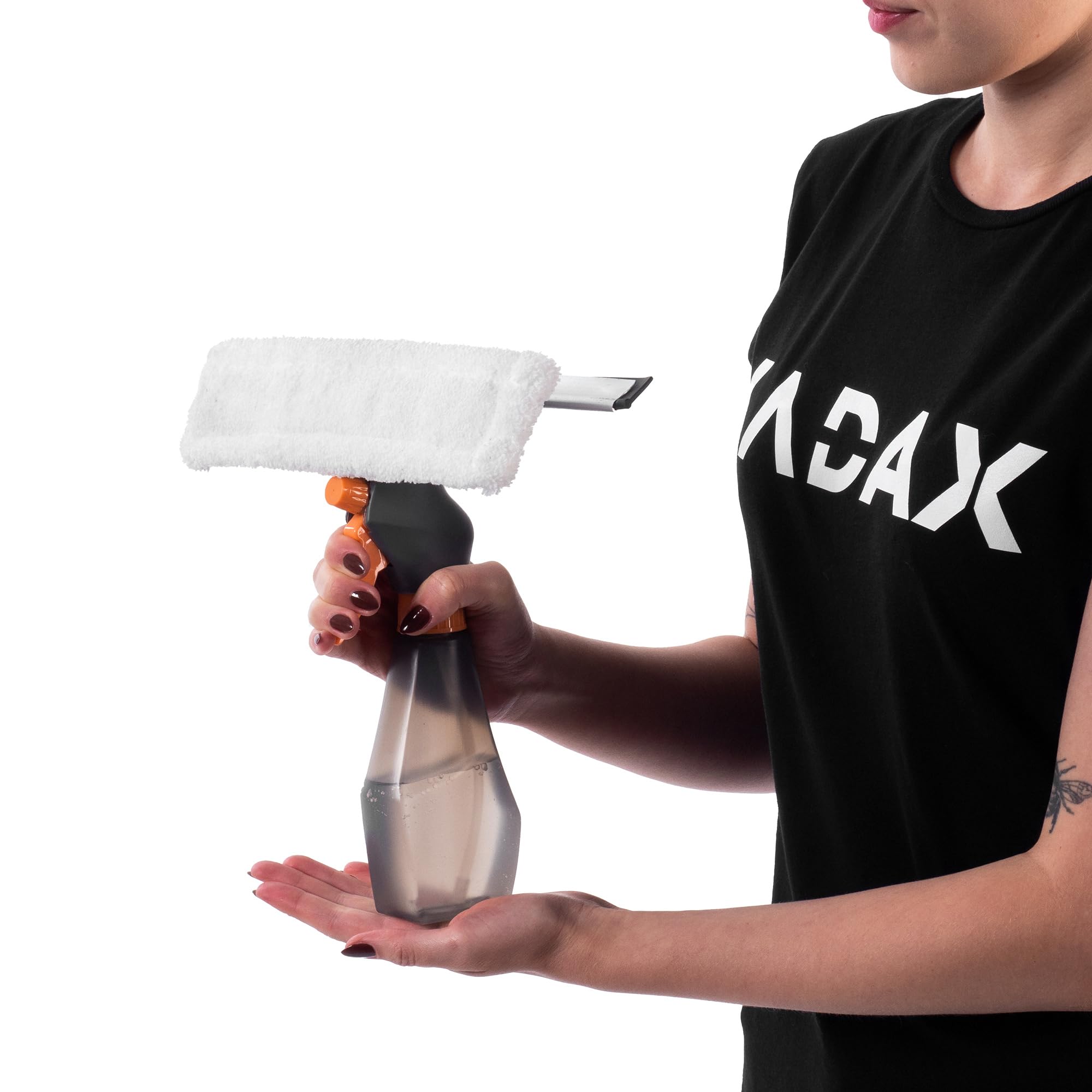 KADAX Spryskiwacz do okien z mikrofibrowym padem i ściągaczką 250 ml, precyzyjny rozpylacz równomiernie zwilża powierzchnię, pad usuwa zabrudzenia bez smug, do szybkiego mycia szyb i luster