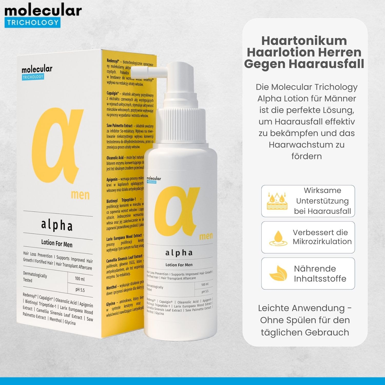 Haarlotion gegen Haarausfall für Herren, 100 ml | Alpha Haartonikum, für Haarwachstum, Trichologische Kopfhautpflege bei Dünner Werdendem Haar, Leave-in-Lotion ohne Ausspülen