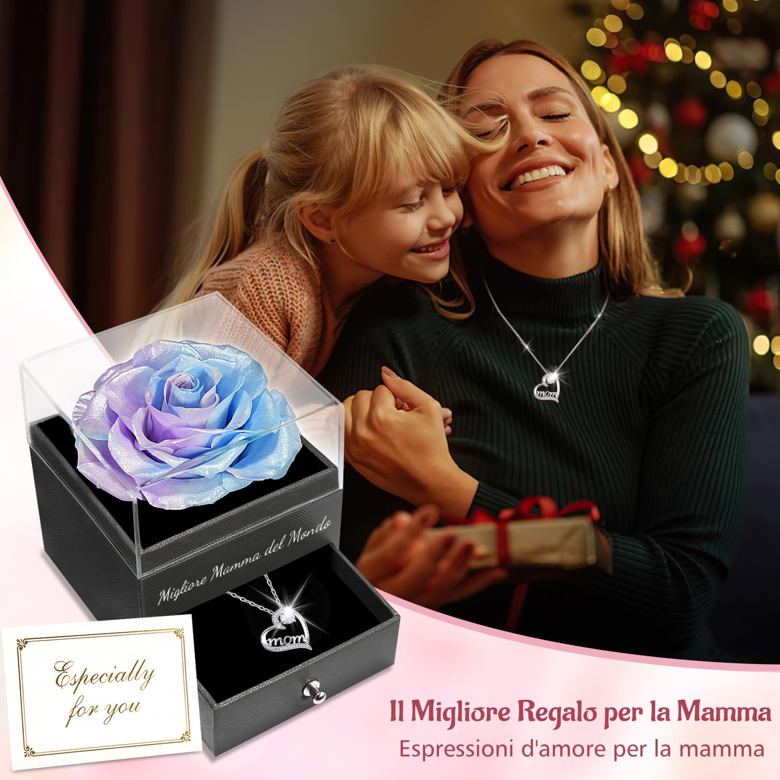 Sunia Festa della Mamma Idee Regalo, Vera Rosa Eterna con Collana Argento 925 Donna, Migliore Mamma del Mondo, Rosa Eterna Stabilizzata, Regalo Donna Compleanno