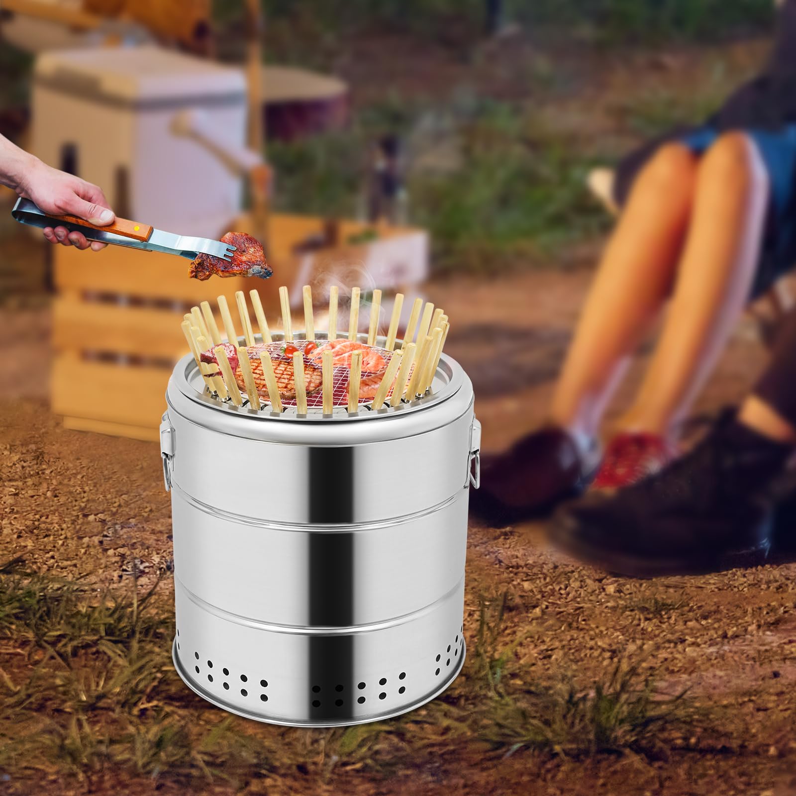 Barbecue Charcoal Barrel Grill, 2 Tier Stainless Steel Charcoal kebab Grill with 30 Skewers, Portable Smokeless BBQ Smoker for Barbecues, Picnics, Camping(Silver)