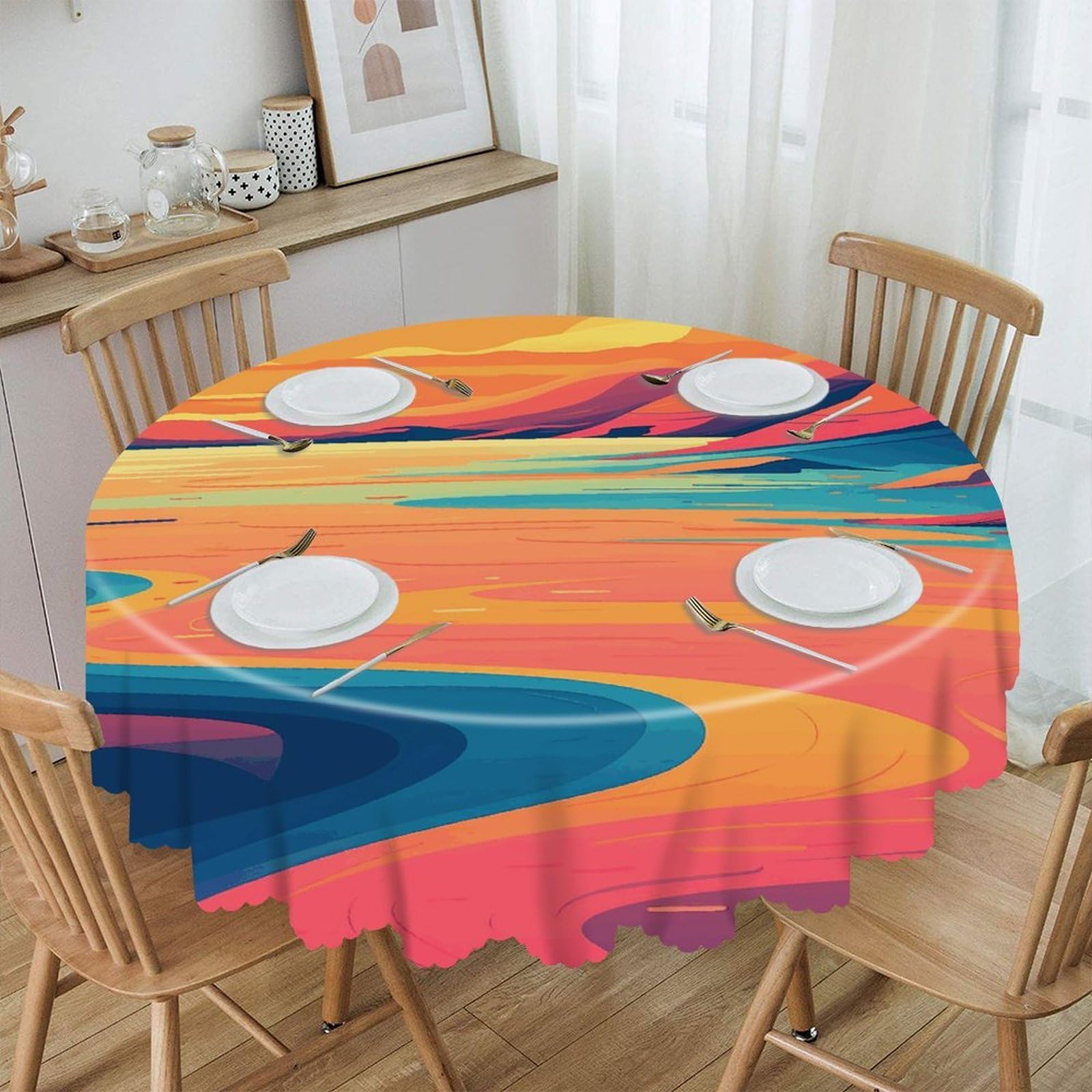 Btcowzrv Style Hand Drawn Painting Polyester Round Tablecloth 59.84 Inch, Decorative Washable Table Cover, Table Cloth For Restaurant Picnic Indoor And Outdoor Dining