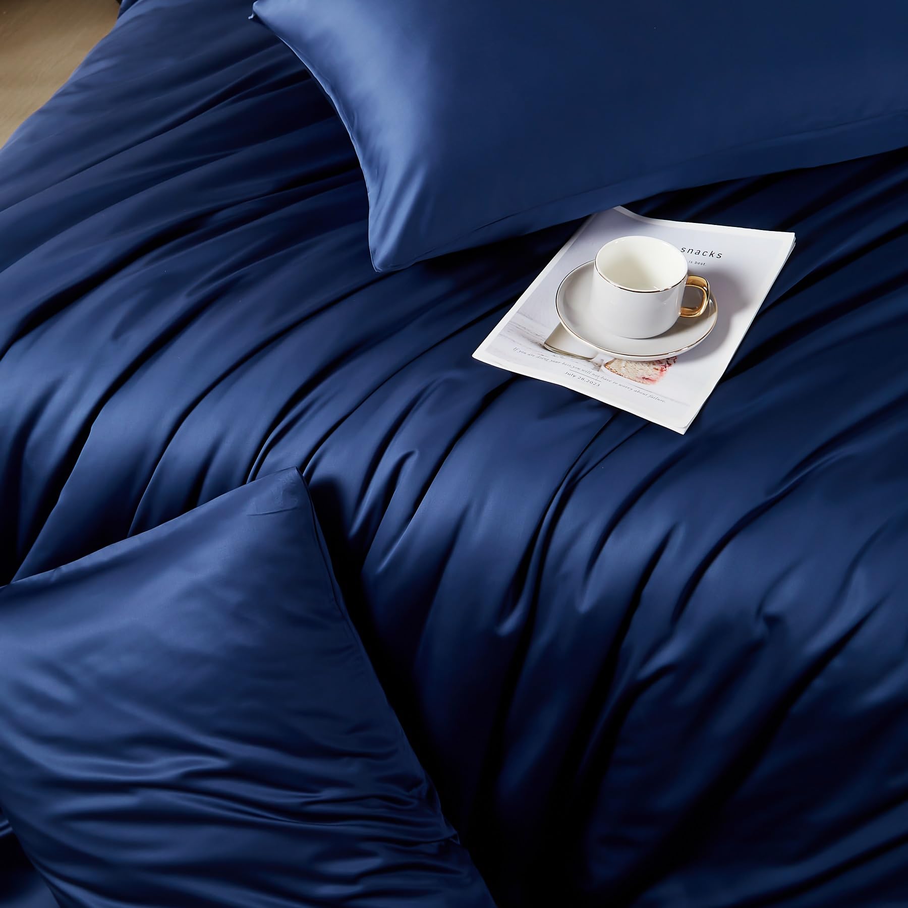 Ropa de cama de bambú de 155 x 220 cm, color azul liso, 50 % bambú lyocell, ropa de cama refrescante, suave y transpirable, de seda sedosa, juego de 3 piezas con cremallera y 2 fundas de