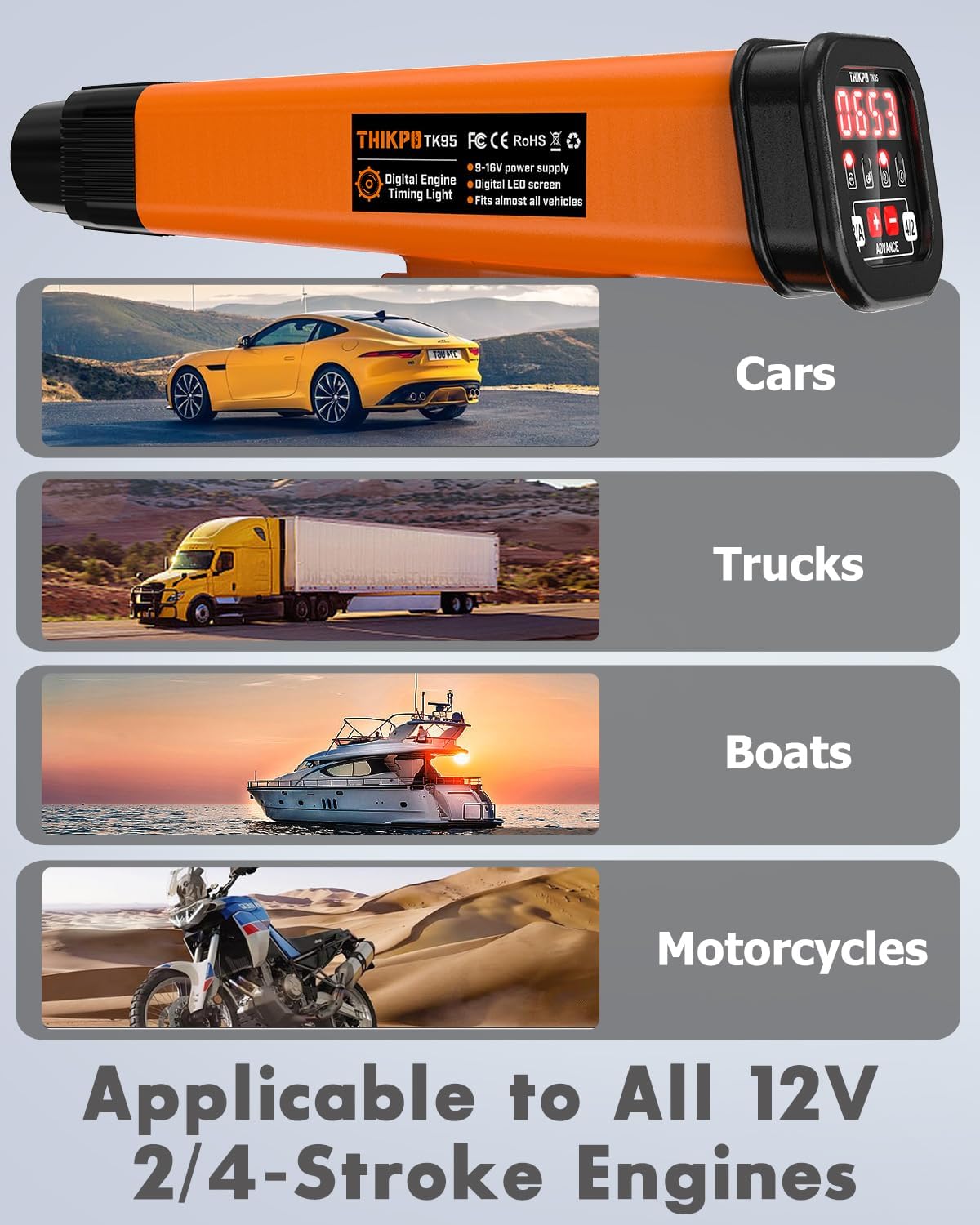 Lampada Stroboscopica Digitale per Regolazione Anticipo Accensione 12V – Pistola Temporizzatrice Induttiva con Contagiri per Motori a Benzina 2/4 Tempi – Auto, Moto, Nautica