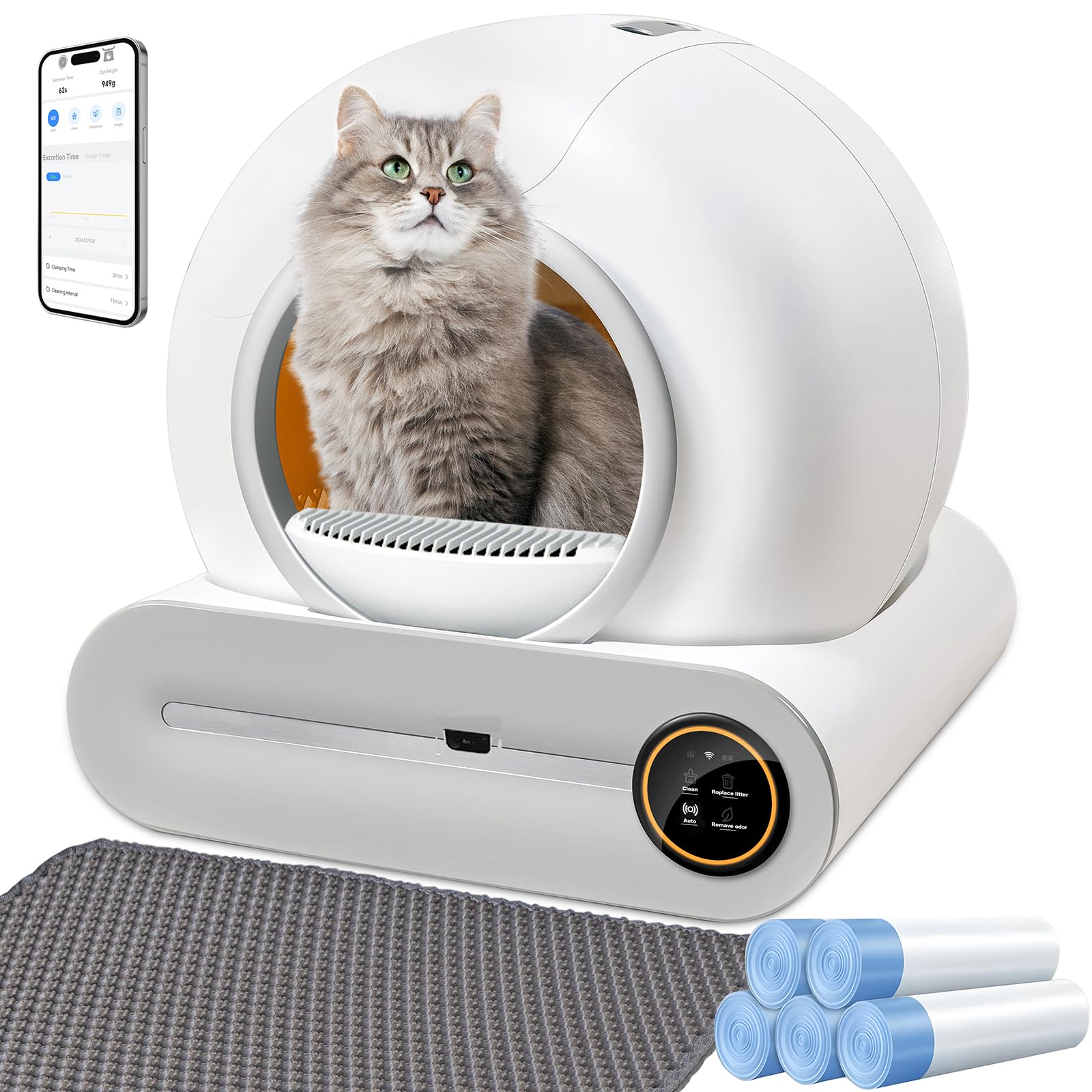 XQDKoon Lettiera Gatto Autopulente 65L + 9 L, Autopulente per Gatti con Monitoraggio Sanitario APP, Deodorante Ionico con Sacchi Spazzatura e Tappetini Lettiera Gatti