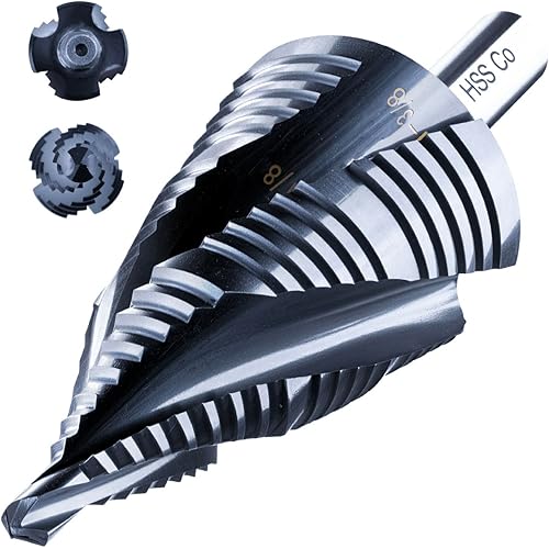 toolant Four Spiral Flute Cobalt Step Drill Bit(Pro), 3/16" - 1-3/8"(19 Step Size) Unibit Step Drill Bit, 3/8" Tri-Falt Shank Step Bit for Metal, Stainless Steel, Aluminum, Plastic