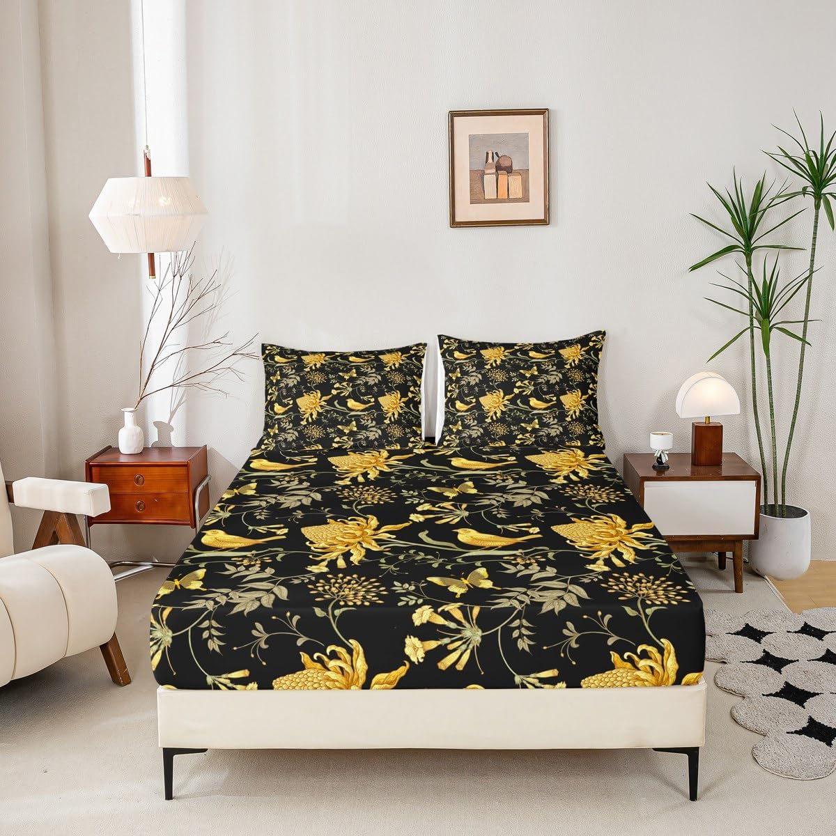 Birds Butterfly Retro Flower Print Full Size Fitted Sheet No Top Sheet,Garden Theme Vintage Style 3 Pieces Kids Teenager Room Decor Chrysanthemum Pocket 2 Pillowcases