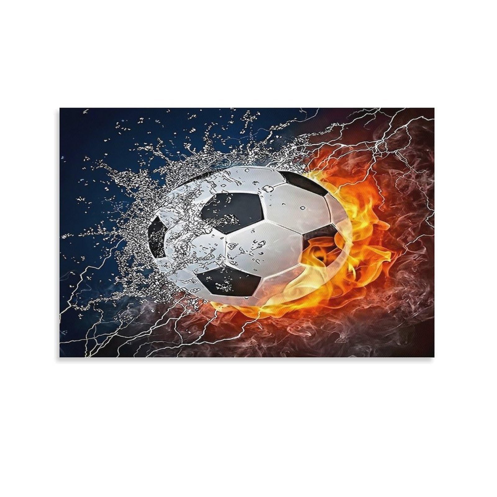 CPLVKWRQJ SoccerBallFireWater 1 Piece Fiery Icy Soccer Ball Dark Backdrop Art Framed Canvas Print - Living Room Focal Point Fade Resistant Ready to Hang Wall Art 20x30inch(50x75cm)