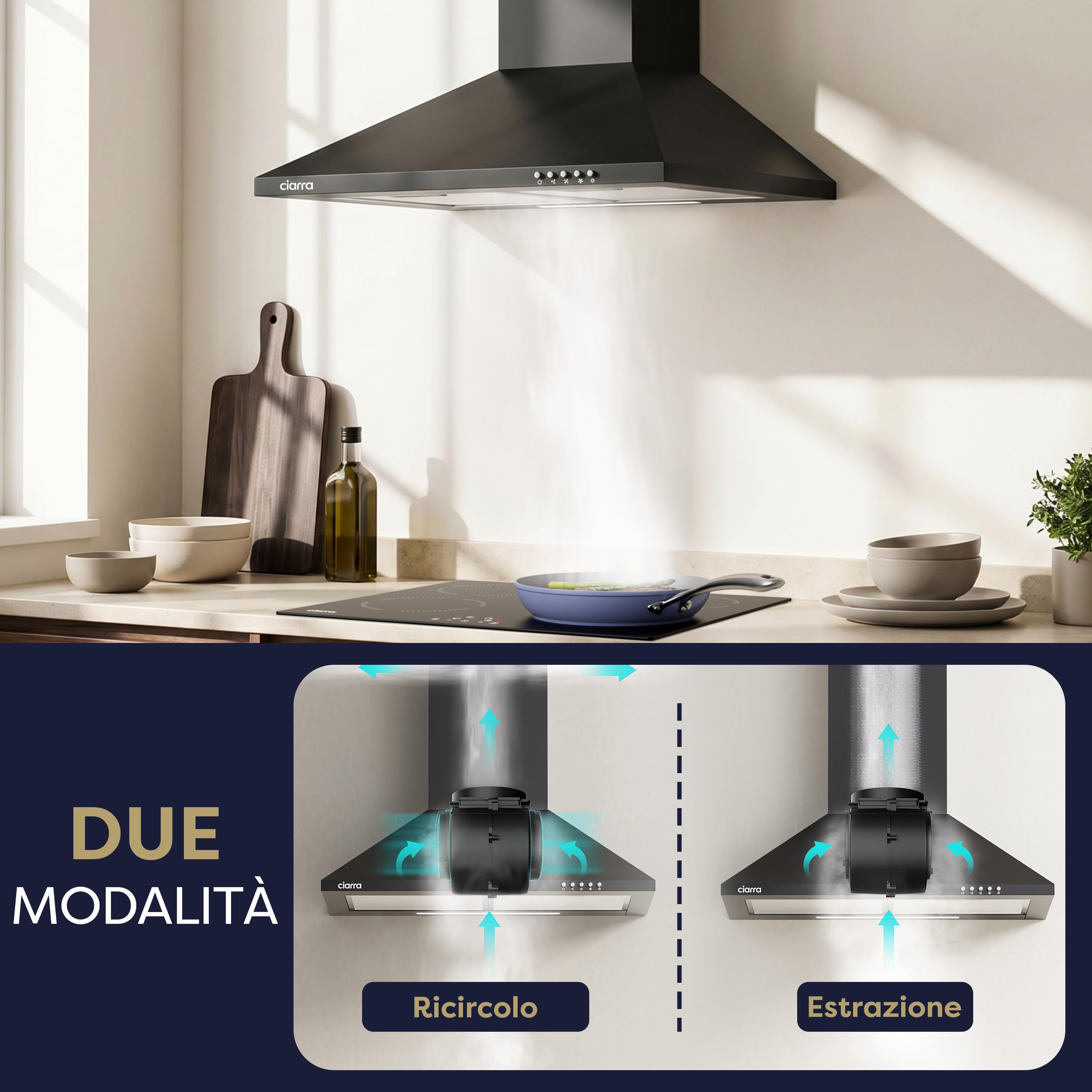 CIARRA CBCB6201 Cappa Aspirante Cucina 60 cm Classe A++ - Design Nero, 370 m³/h, 3 Livelli di Potenza, Montaggio a Parete con Filtro Carbone CBCF002X2
