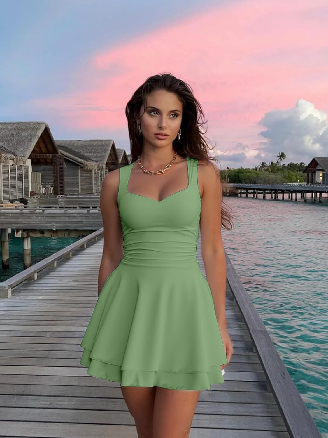 Kaximil Women's Sexy Square Neck Sleeveless Mini Dress Ruched Ruffle Hem Corset Party Dresses - Image 5