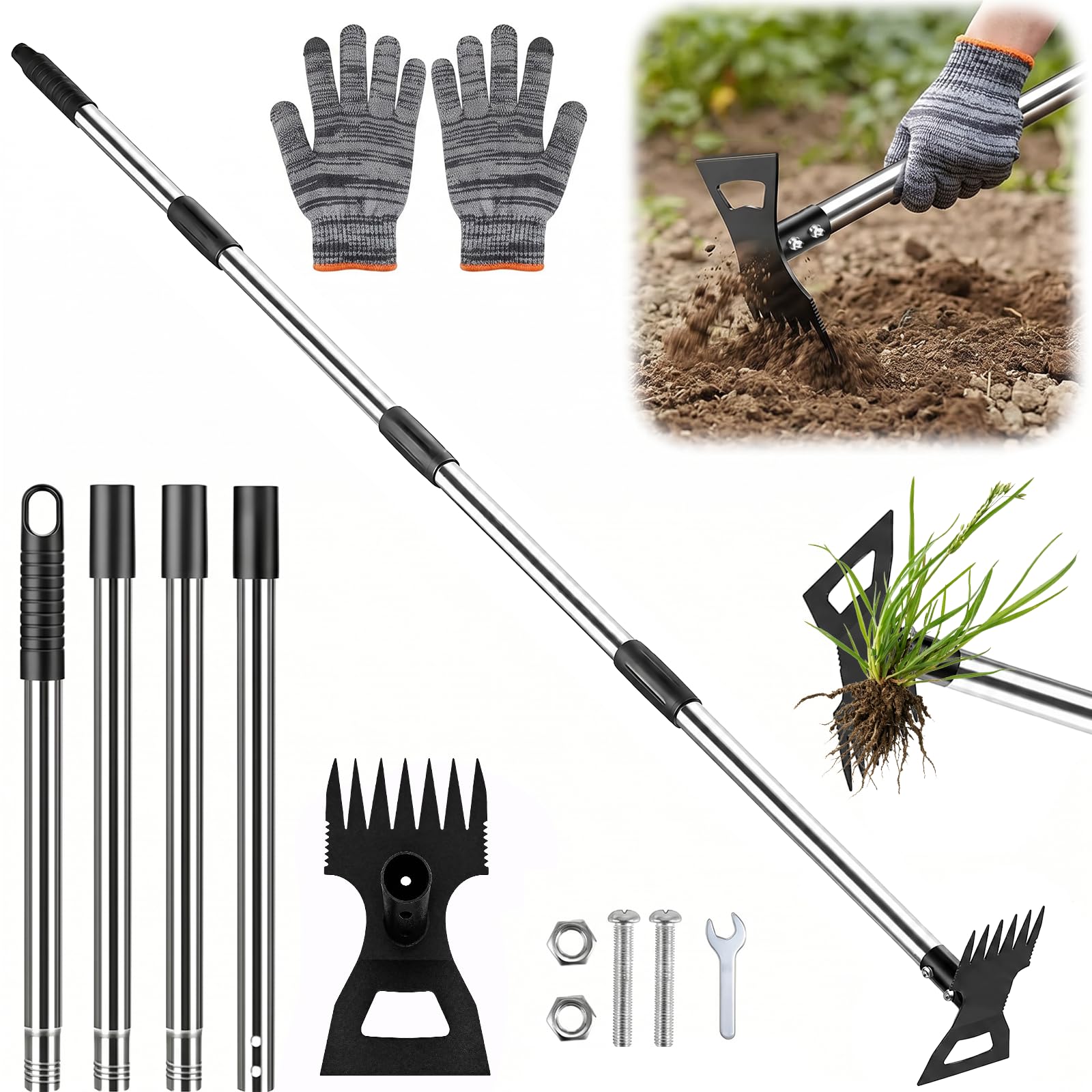 Hoe Garden Tool Long Handle, 2 in 1 Weed Remover Tool Rake & Hoes, Adjustable 42-148CM Heavy Duty Weeding Puller Stainless Steel for Yard, Lawn, Patio, Garden