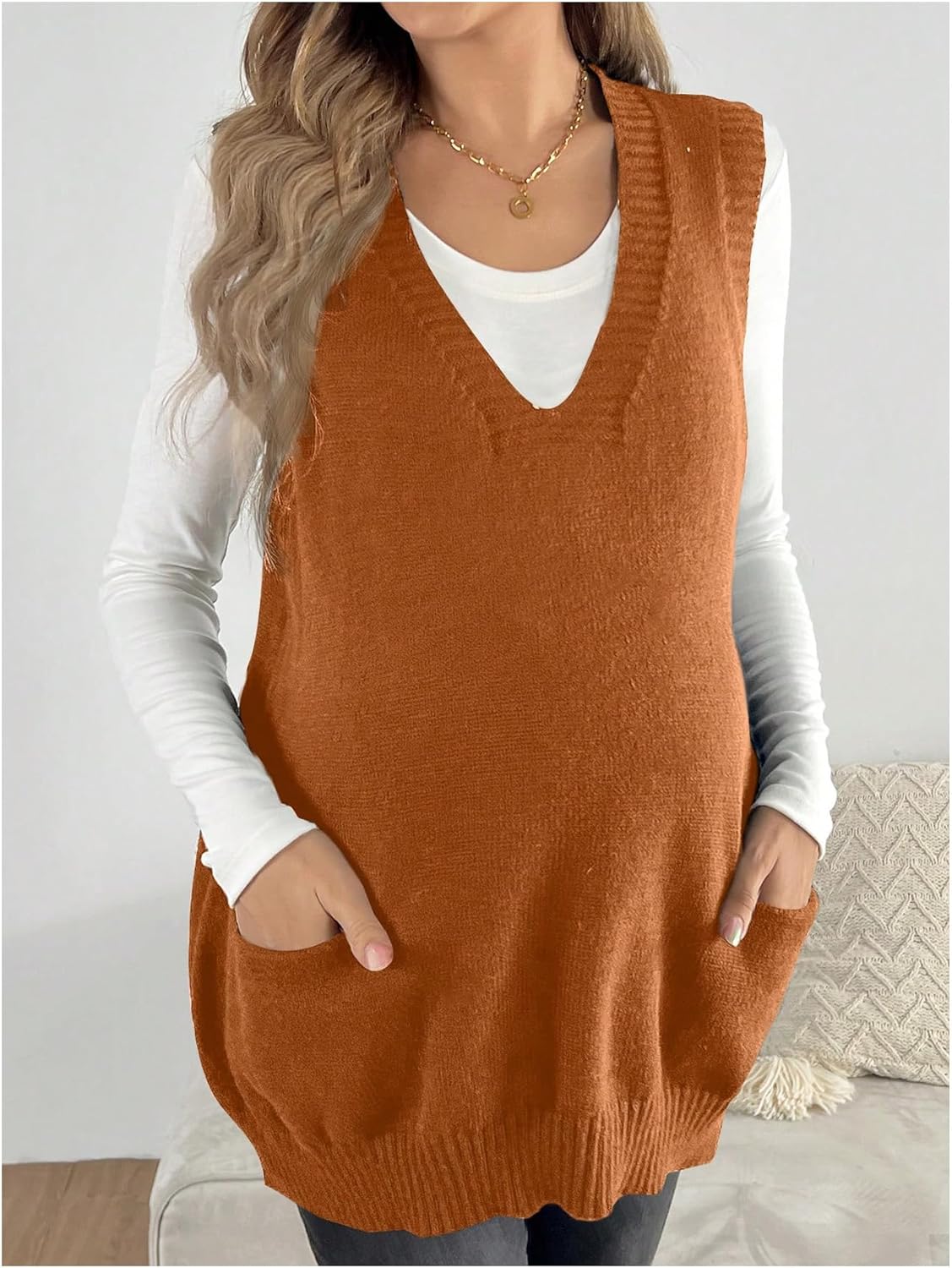 MakeMeChic Women's Maternity Sweater Vest V Neck Sleeveless Pregnancy Sweaters Tops - Image 3