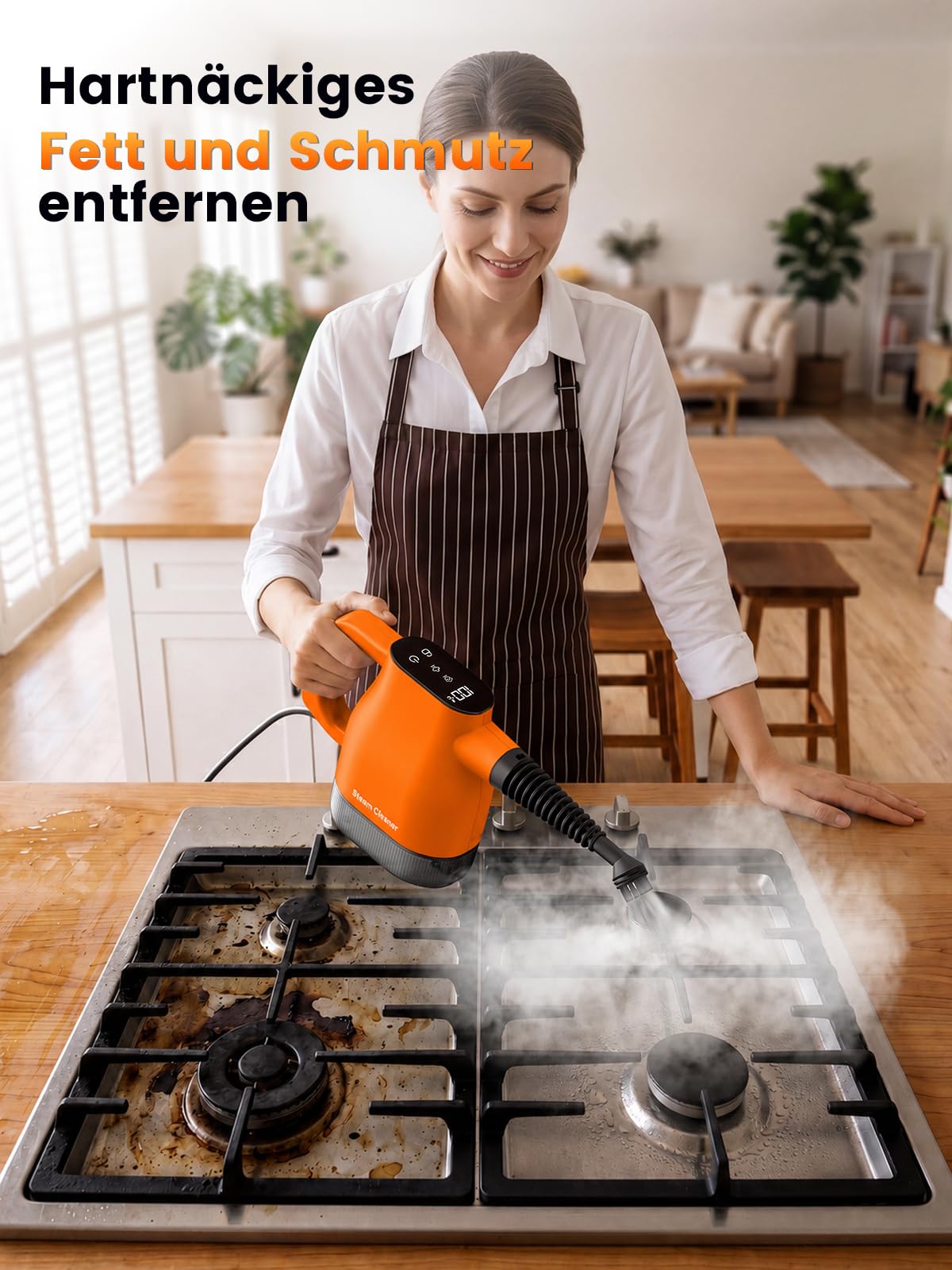 Dampfreiniger mit Smart-Touchscreen, 10 Sekunden Aufheizzeit, Orange | 400-ml-Wassertank, 4-m-Netzkabel, 2 Dampfstufen und 9-teiliges Zubehör – Dampfreiniger für Küche, Bad, Fliesen und Fugen