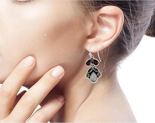 Miniatura 6 de NOVICA Aretes artesanales hechos a mano con piedra de luna de amatista, plata de ley 925, multigema de la India, granate, peridoto verde
