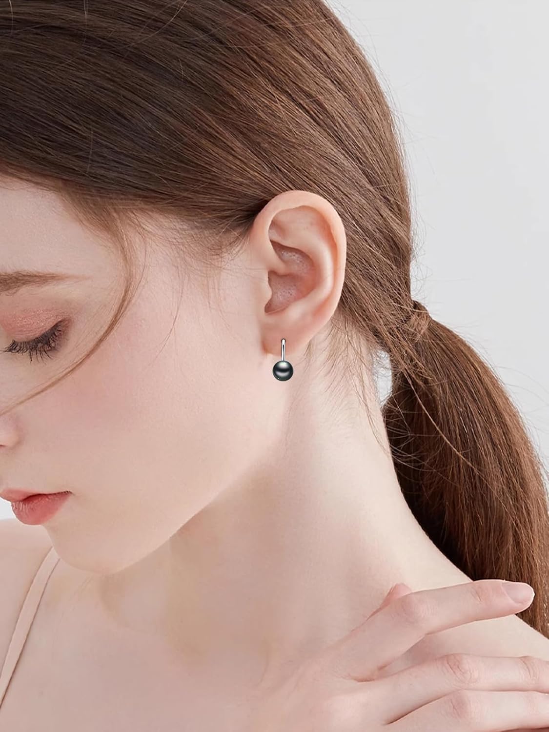 Tahitian Black Pearl Earrings Hoop Leverback Dangle 18K White Gold Plated 925 Sterling Silver Black Pearl Jewelry Gift for Women Her