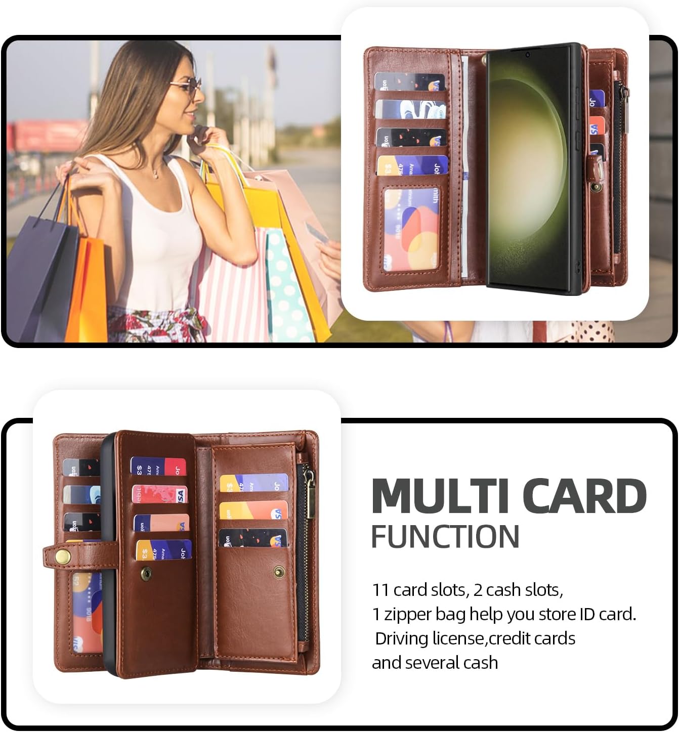 Asuwish Phone Case for Samsung Galaxy S22 Ultra 5G Zipper Wallet Detachable Cover with Screen Protector and Flip Card Holder Slot Cell Accessories Lanyard S22ultra 22S S 22 S22ultra5g Women Men Brown