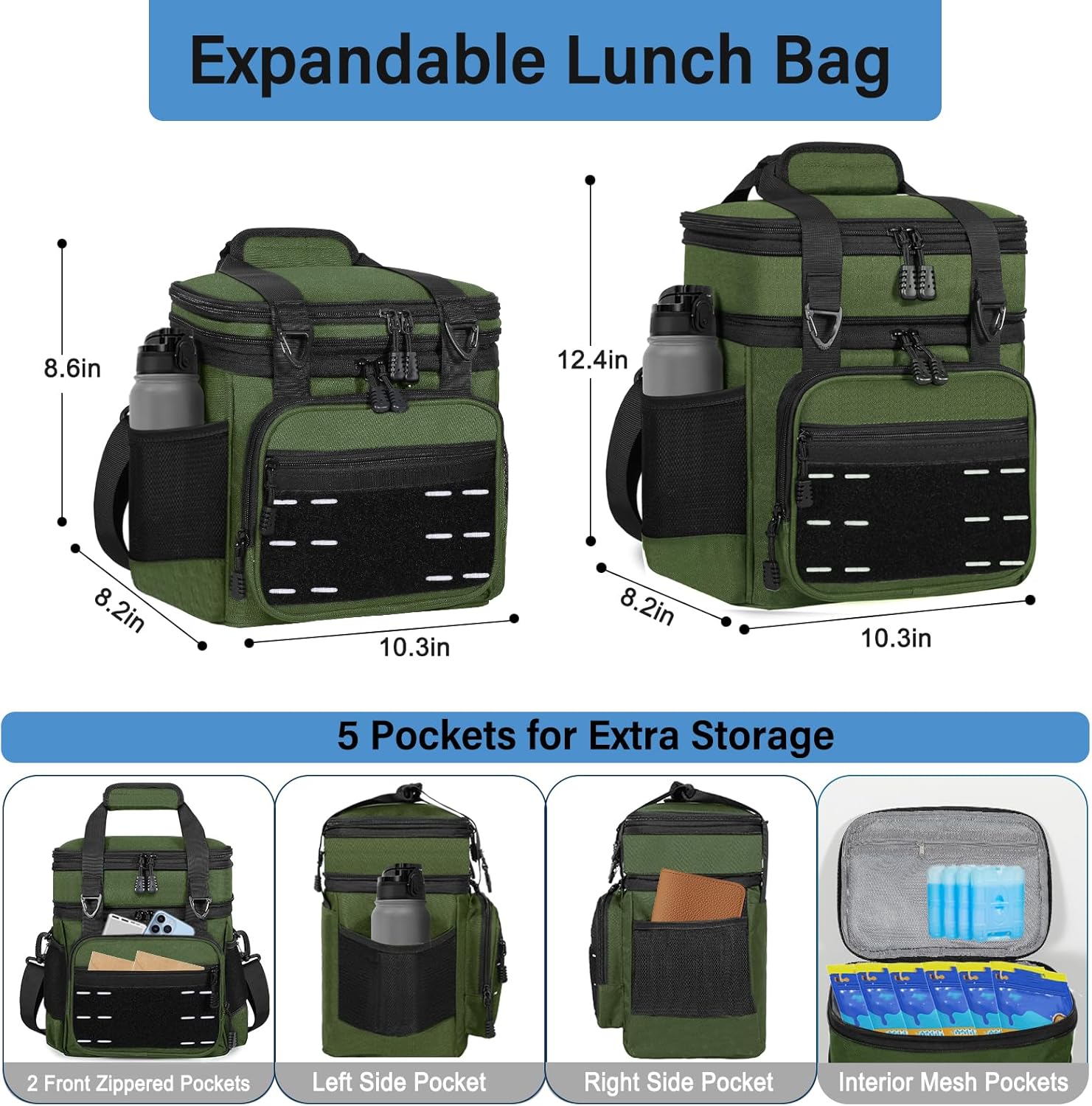 Lunch Box Cooler Bag - Insulated Tactical Lunchbox for Men - Large Lunch Pail for Adults Work Outdoor Shifts Trips Army Green 16L - Image 4