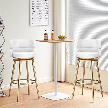 Modern Swivel Bar Stool Set of 1/2/3/4 Velvet Height Stool High Back Kitchen Island Counter Bar Chair with Gold Base for Kitchen Island, Counter, Bar White 2 PCS 75cm