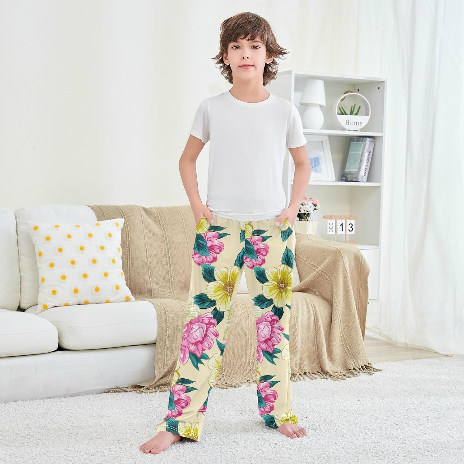 J JOYSAY Floral Blossom Foliage Yellow Pajamas Pants Soft Long Pajama Bottoms Lounge Sleep Pants Size S-XL