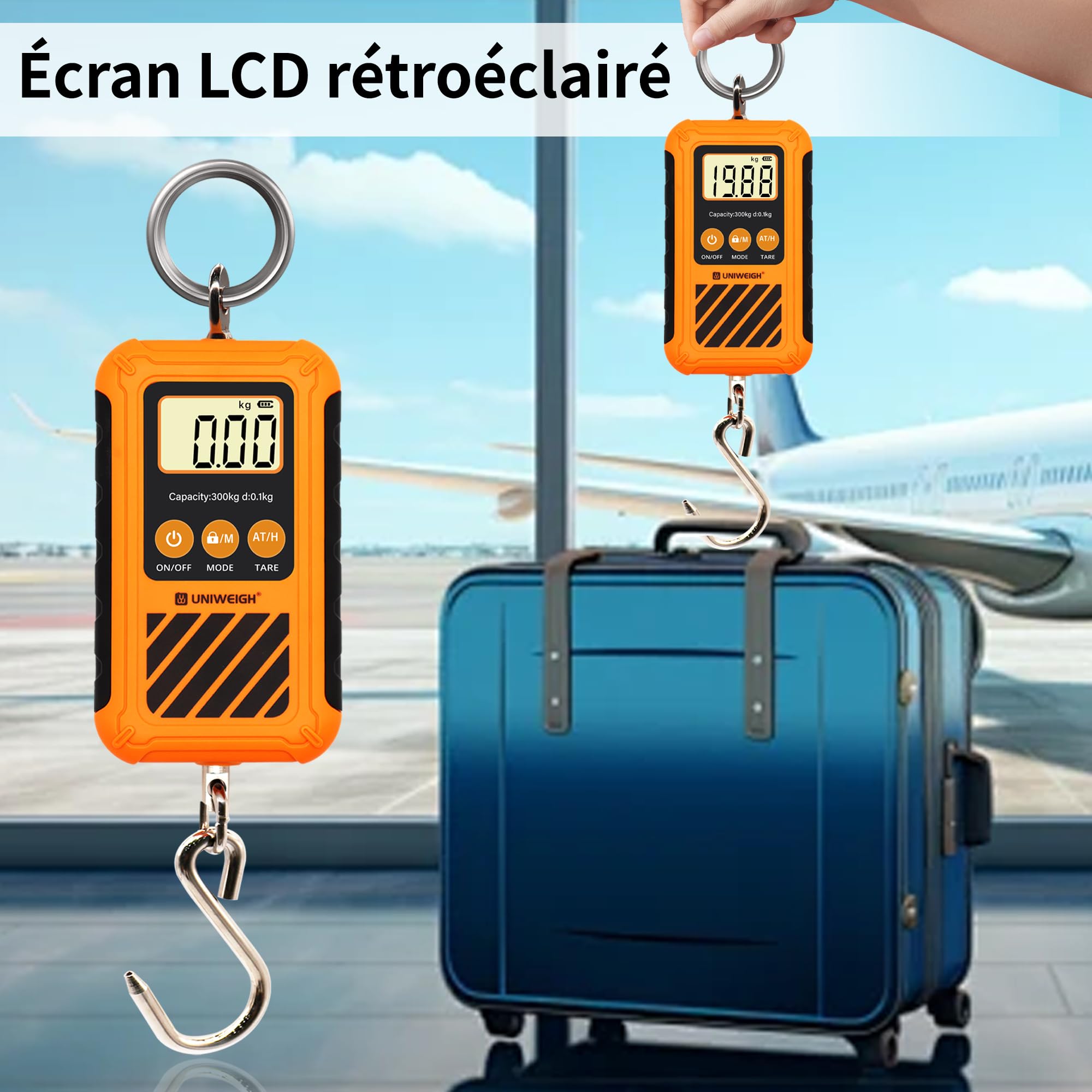 UNIWEIGH Numérique Balance à bagages,300KG/660LB Mini balance à grue,Postale suspendue avec écran LCD,Portable à main&Grand crochet,Échelle de cerf avec Hold&Tare,pour Garage Farms Chasse Pêche