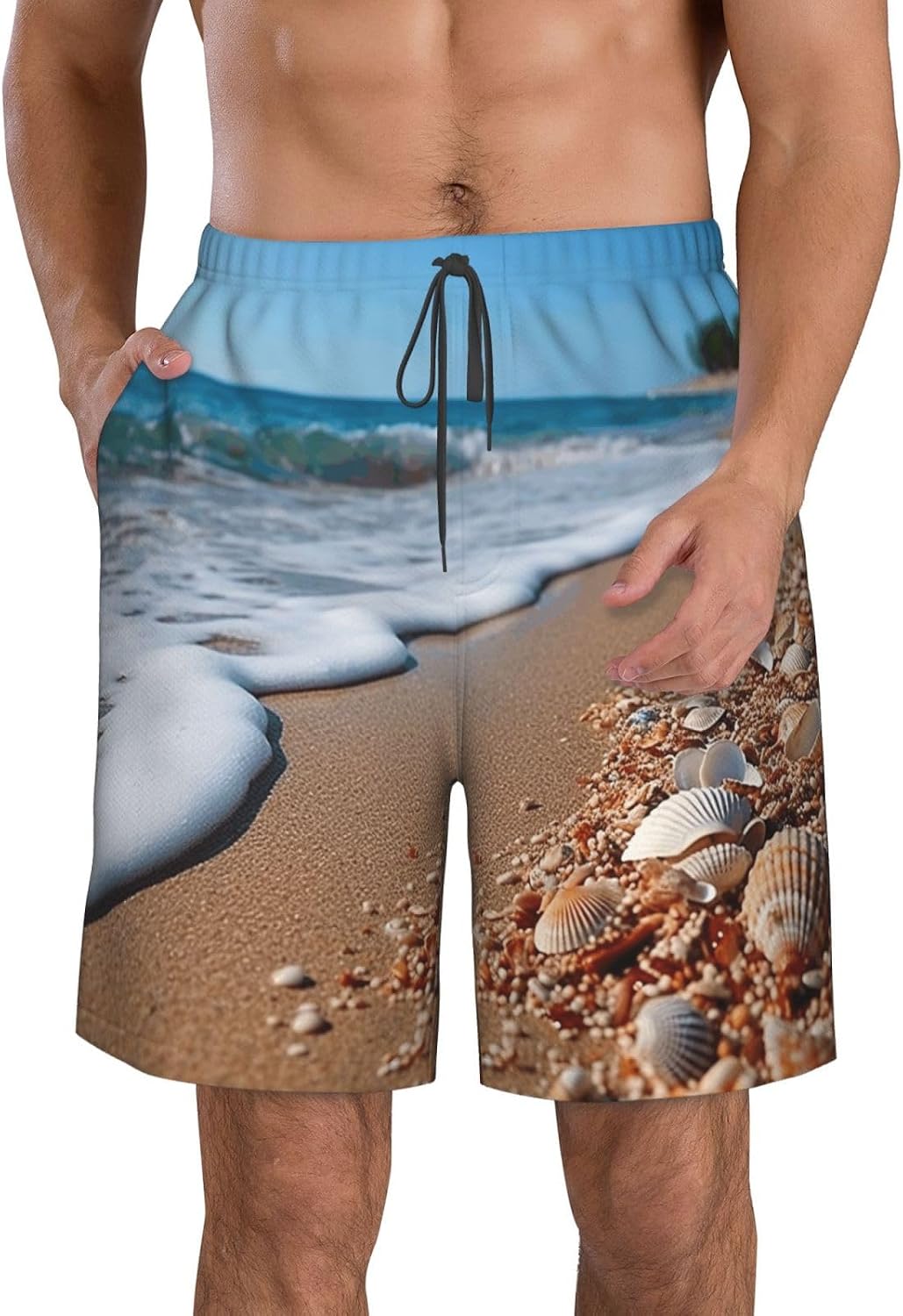 Ocean Sea Wave Seashell Print Mens Casual Shorts Drawstring Summer Beach Stretch Shorts Novelty Swimtrunks