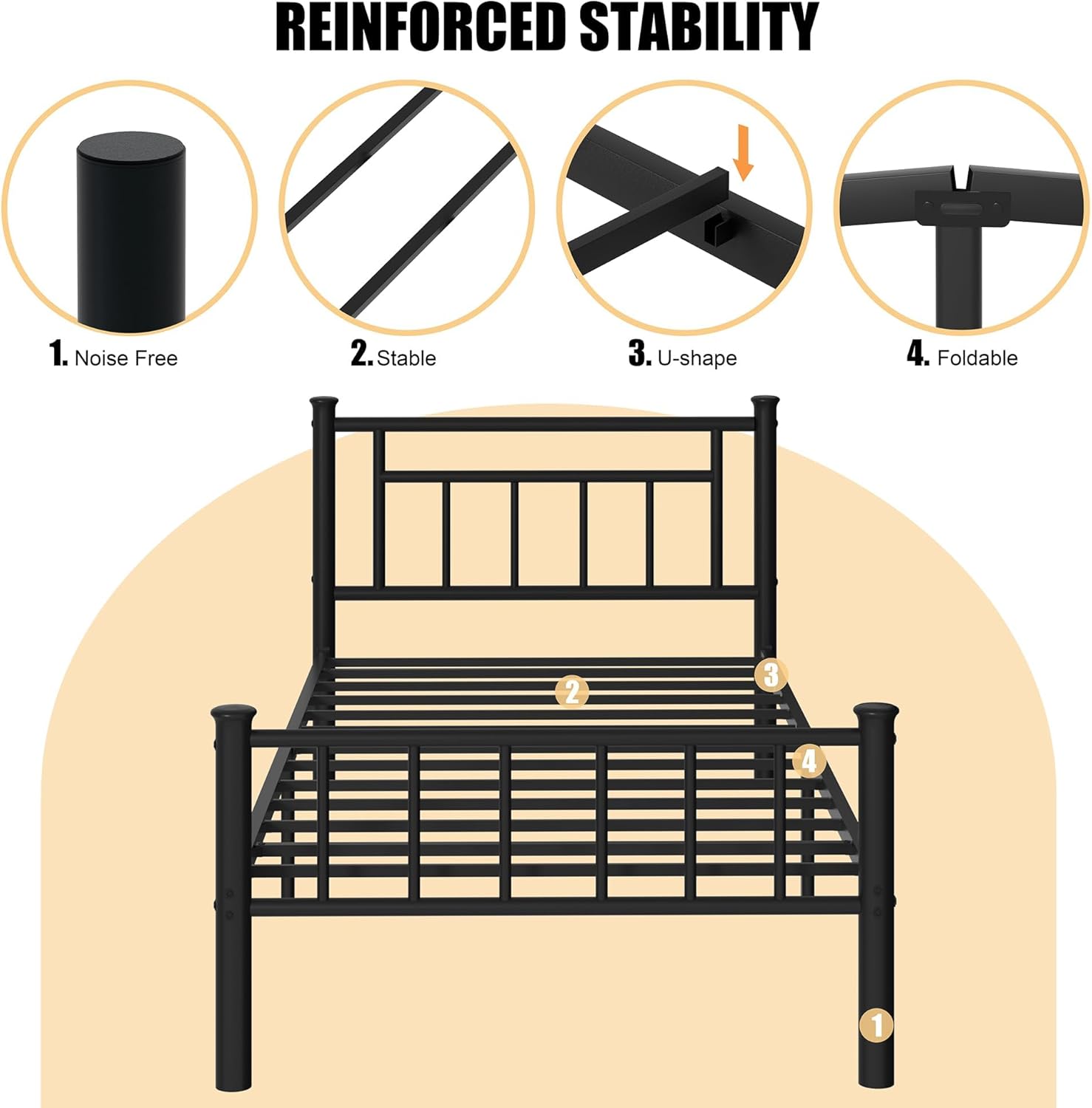 Shintenchi Twin Size Metal Platform Bed Frame with Headboard & Footboard, Steel Slat Mattress Foundation, Under Bed Storage, Noise-Free, No Box Spring Needed, Black Square
