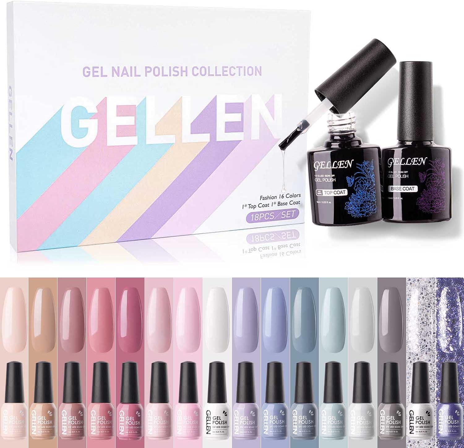 Gellen Gel Nail Polish Kit With Top&Base Coats 18 Pack, Soft Pastels