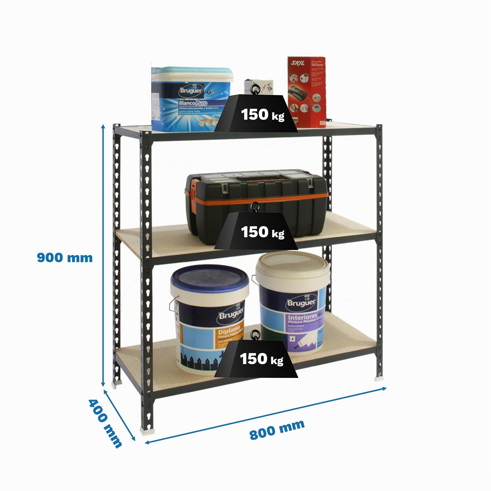 SimonRack Étagère Rangement et 3 Niveaux en Boix, 150 kg Capacité de Charge et Point de Flexion, 900x800x400 mm, Étagère Charge Lourde, Étagère Garage, Anthracite/Bois - Maderclick