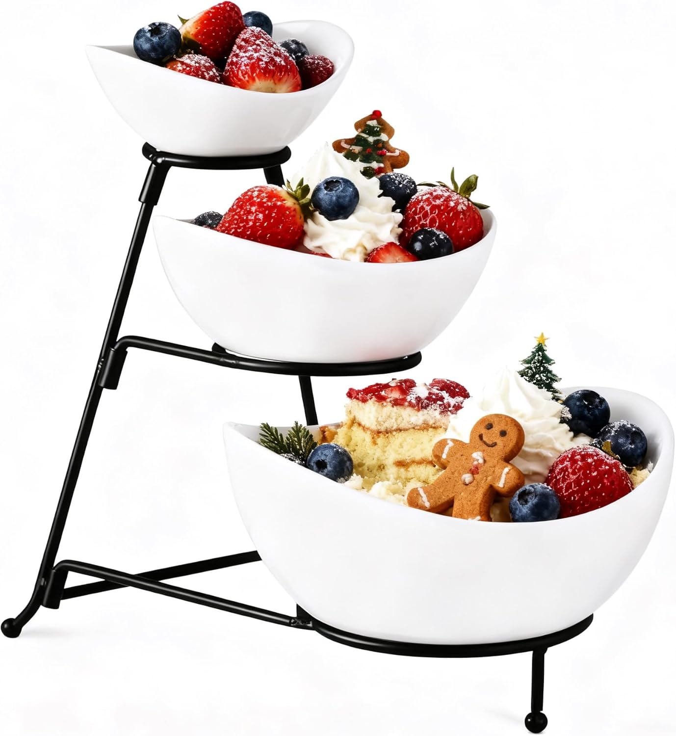 Gomakren 3 Tiered Oval Serving Bowl With Collapsible Metal Rack, Chip and Dip Serving Set, Dessert Appetizer, Candy, Fruit, Vegetable Bowl Set, Serving Bowls For Entertaining (Black Stand)