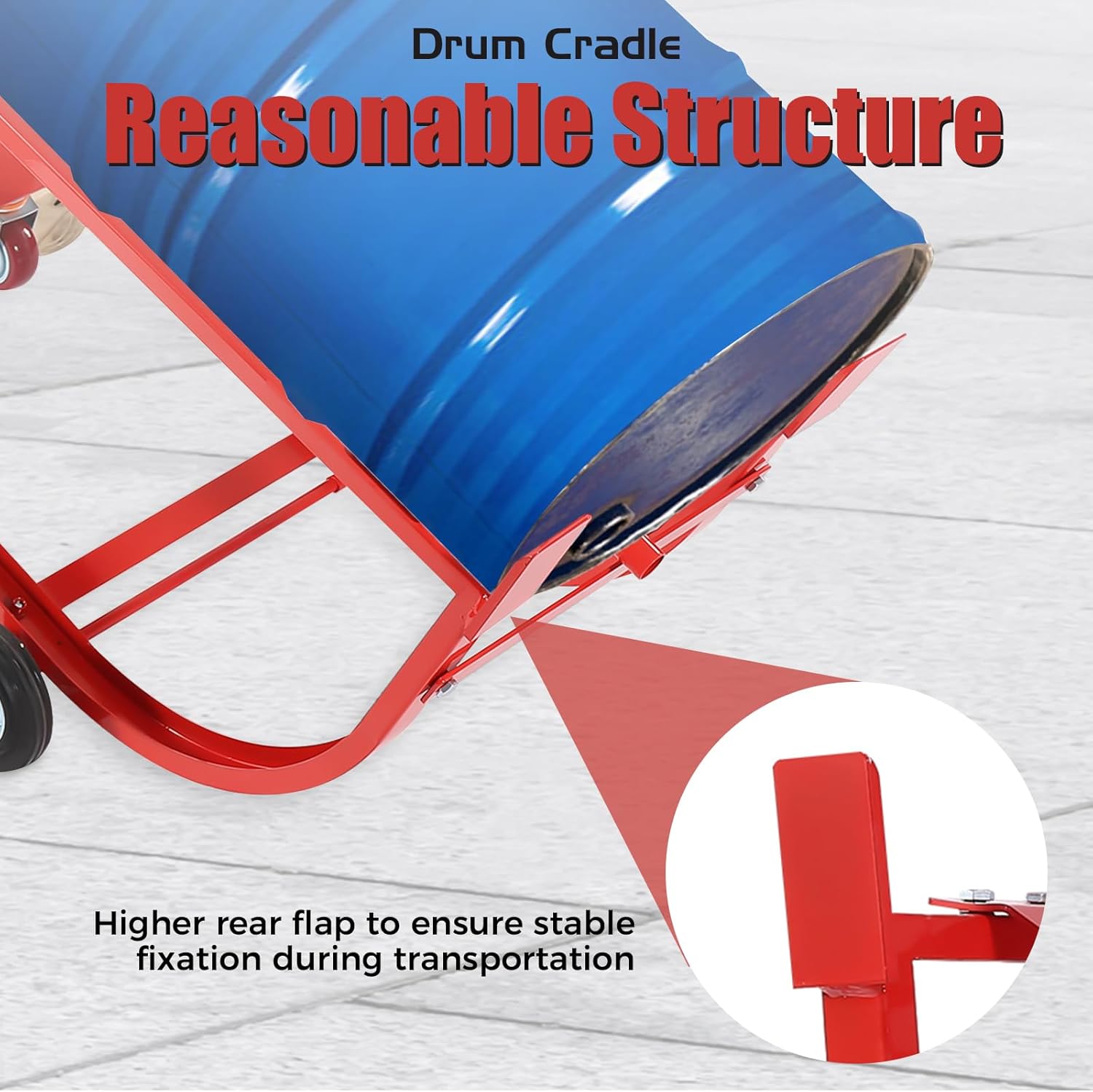 55 Gallon Drum Cradle 600lbs Capacity Oil Drum Rack with Retractable Drawbar and Wheels Steel Drum Handling Cradle for Round Drums