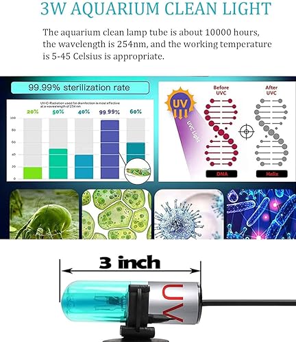 Miniatura 3 de KINGYEENUO Luz limpia para acuario, luz sumergible para acuario de 3 W, luz limpia para pecera con temporizador, lámpara sumergible impermeable para