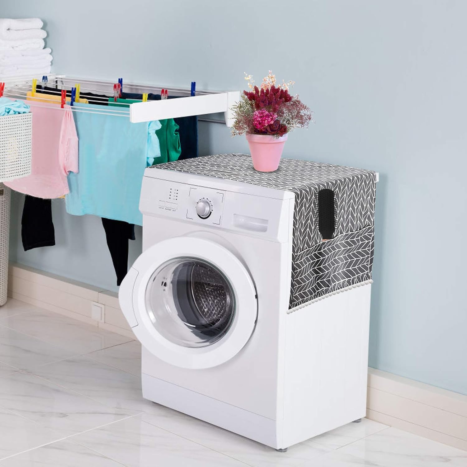 Washer And Dryer Covers for the Top, Washing Machine Top Cover, Fridge Dust Proof Cover, Front Load with 4 Storage Pockets - Grey